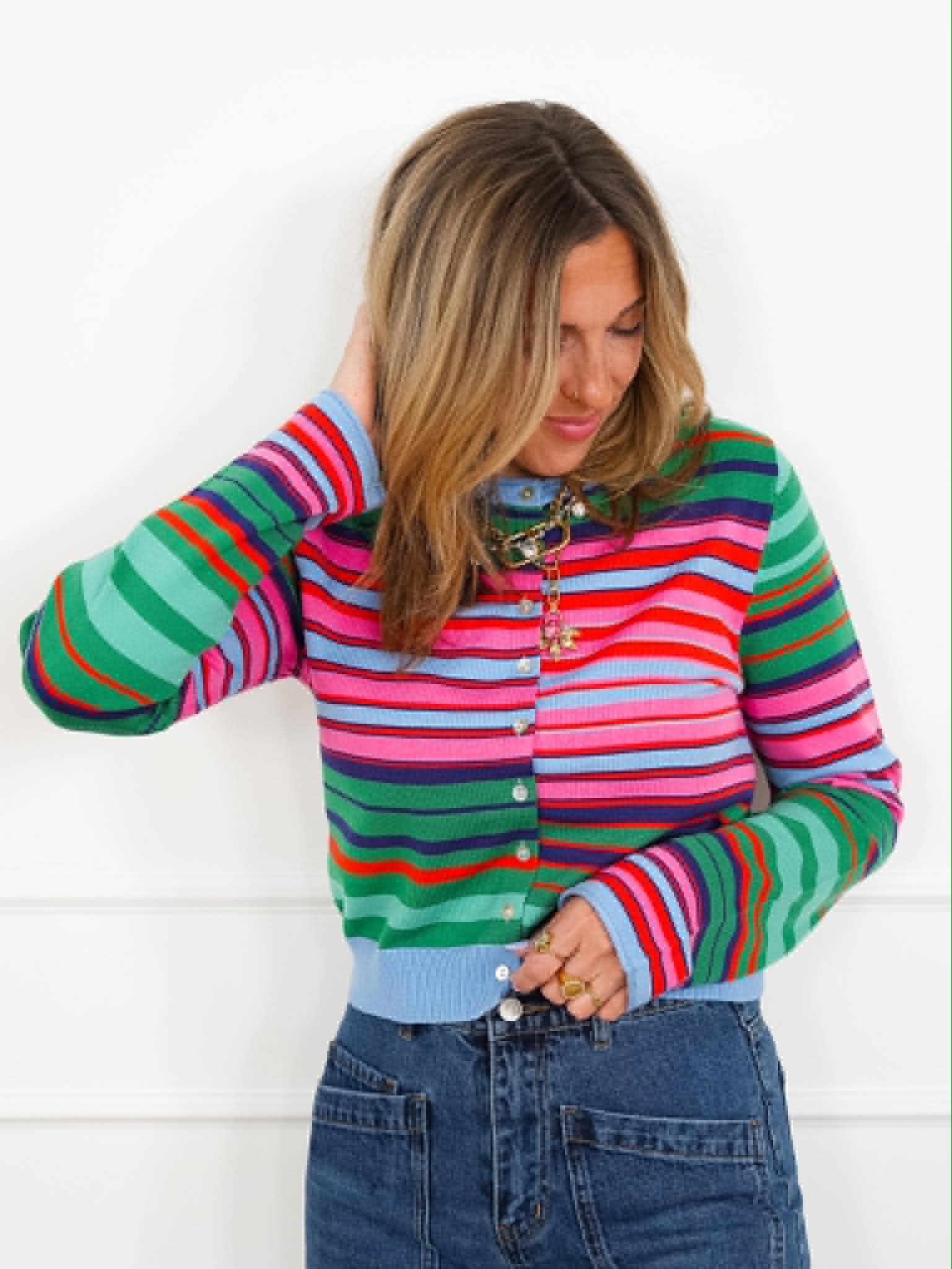 Multi Color Striped Long Sleeve Button Down Cardigan - Image 4