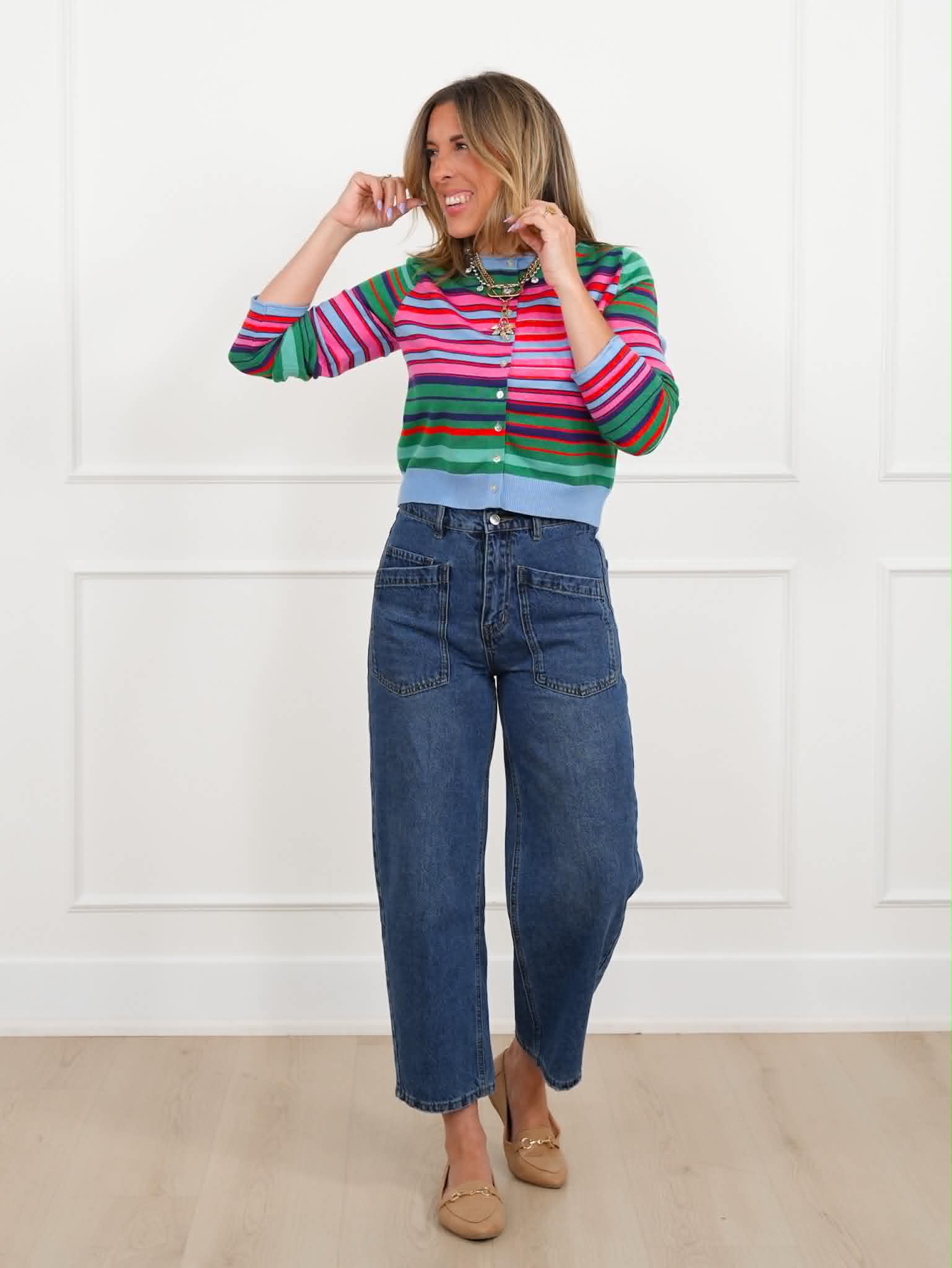 Multi Color Striped Long Sleeve Button Down Cardigan - Image 7
