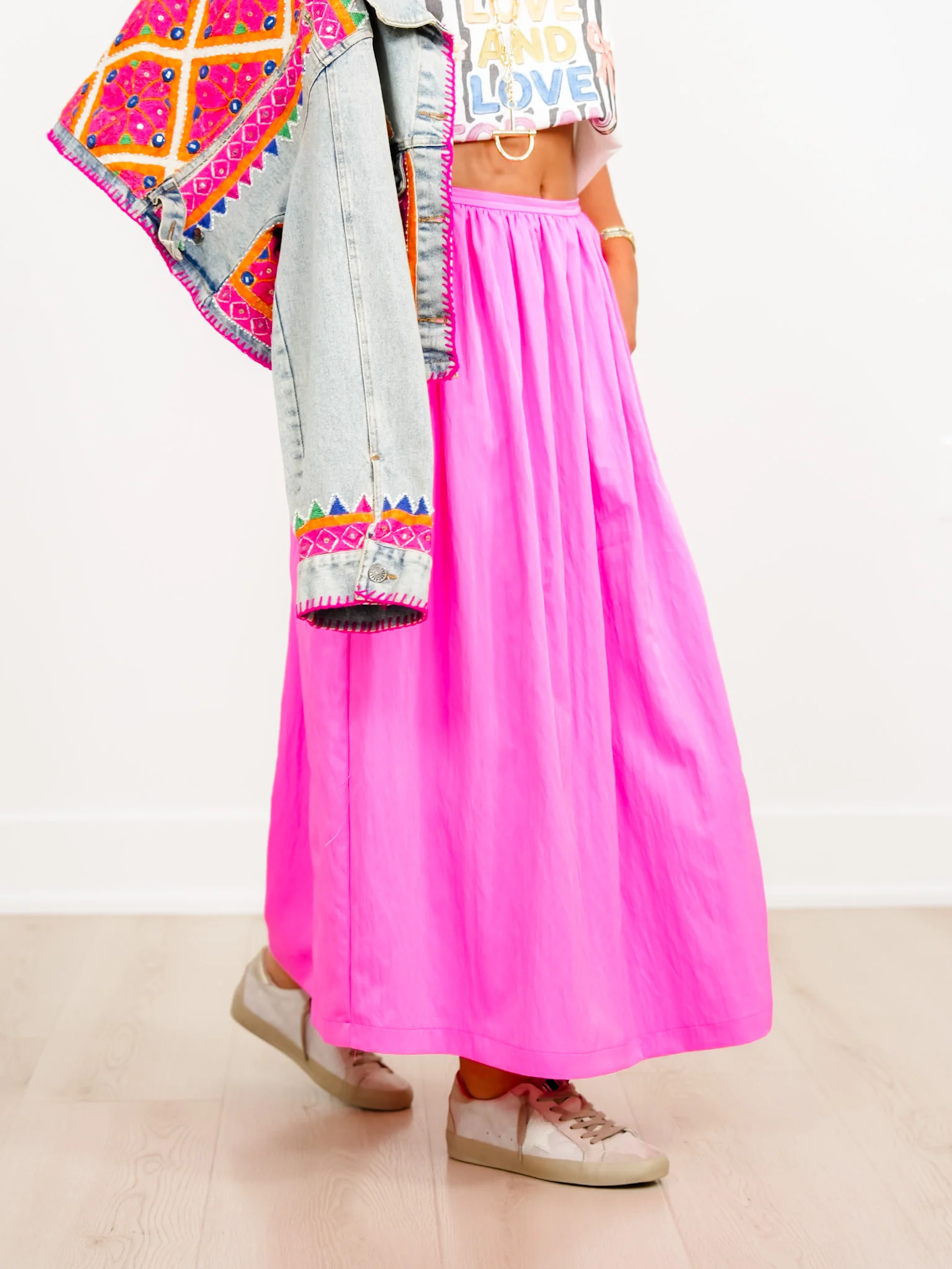 Pink Elastic Waist Midi Skirt with Side Pockets - Image 2