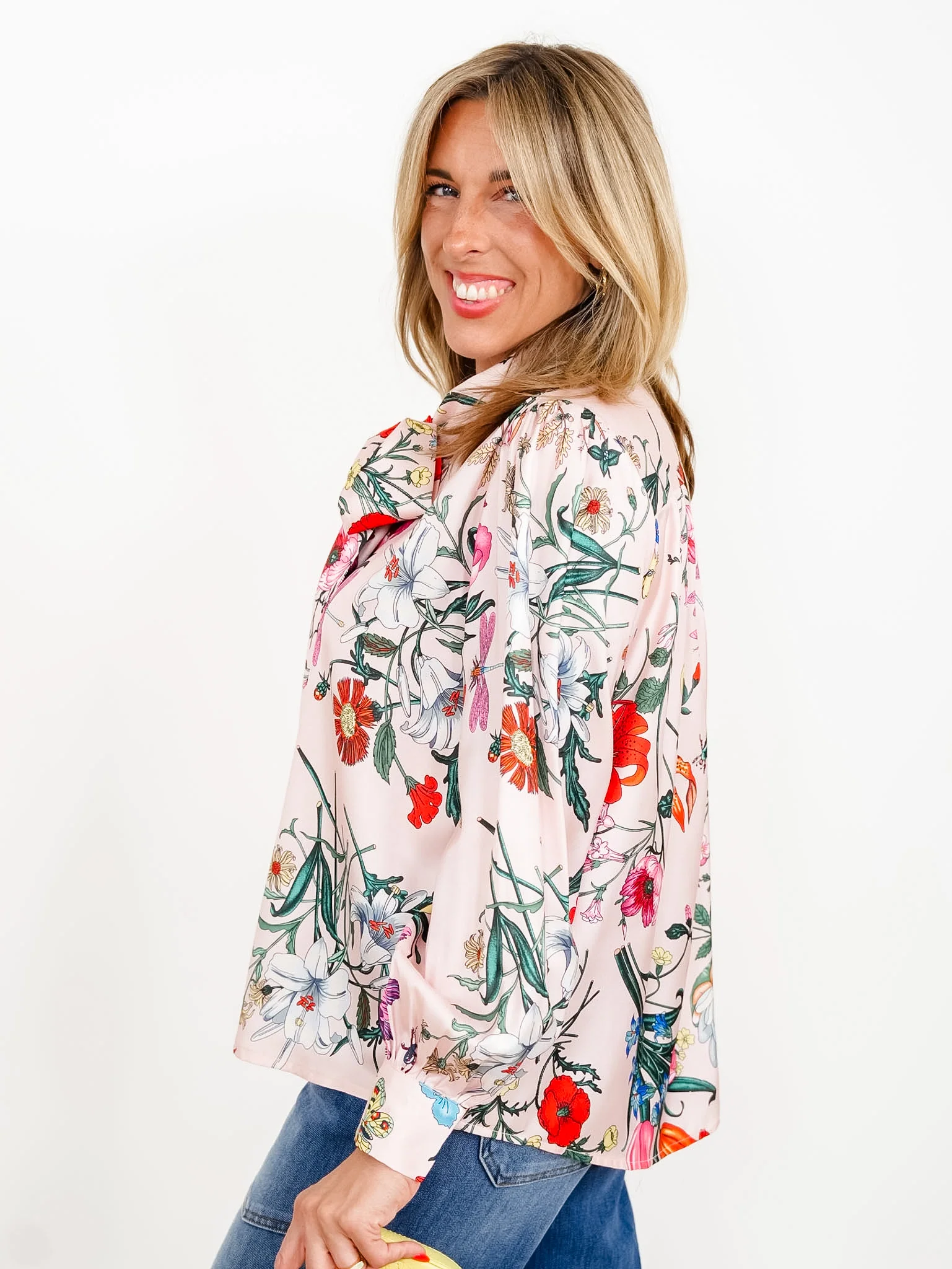 Pink Floral Print Long Sleeve Tie At The Neck Top - Image 2