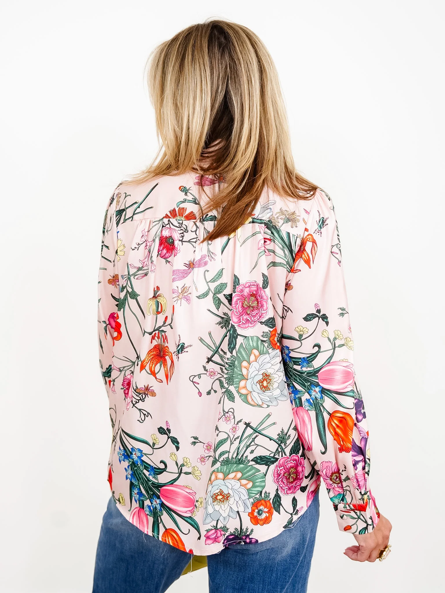 Pink Floral Print Long Sleeve Tie At The Neck Top - Image 3