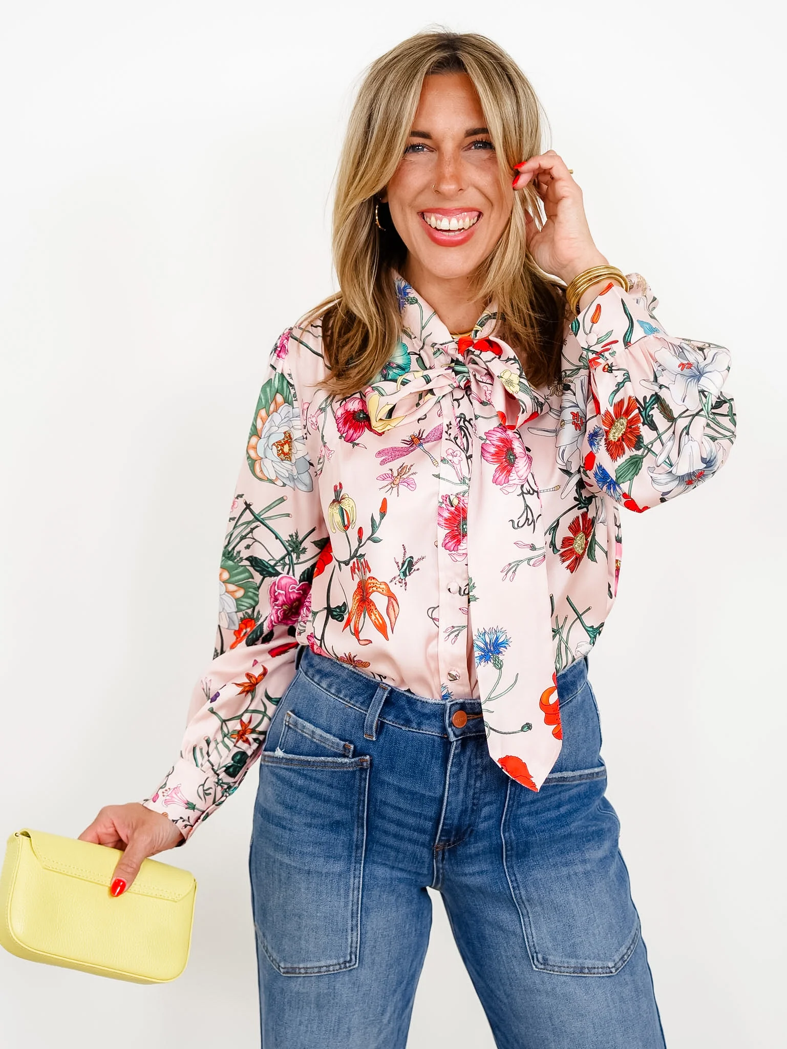 Pink Floral Print Long Sleeve Tie At The Neck Top - Image 5