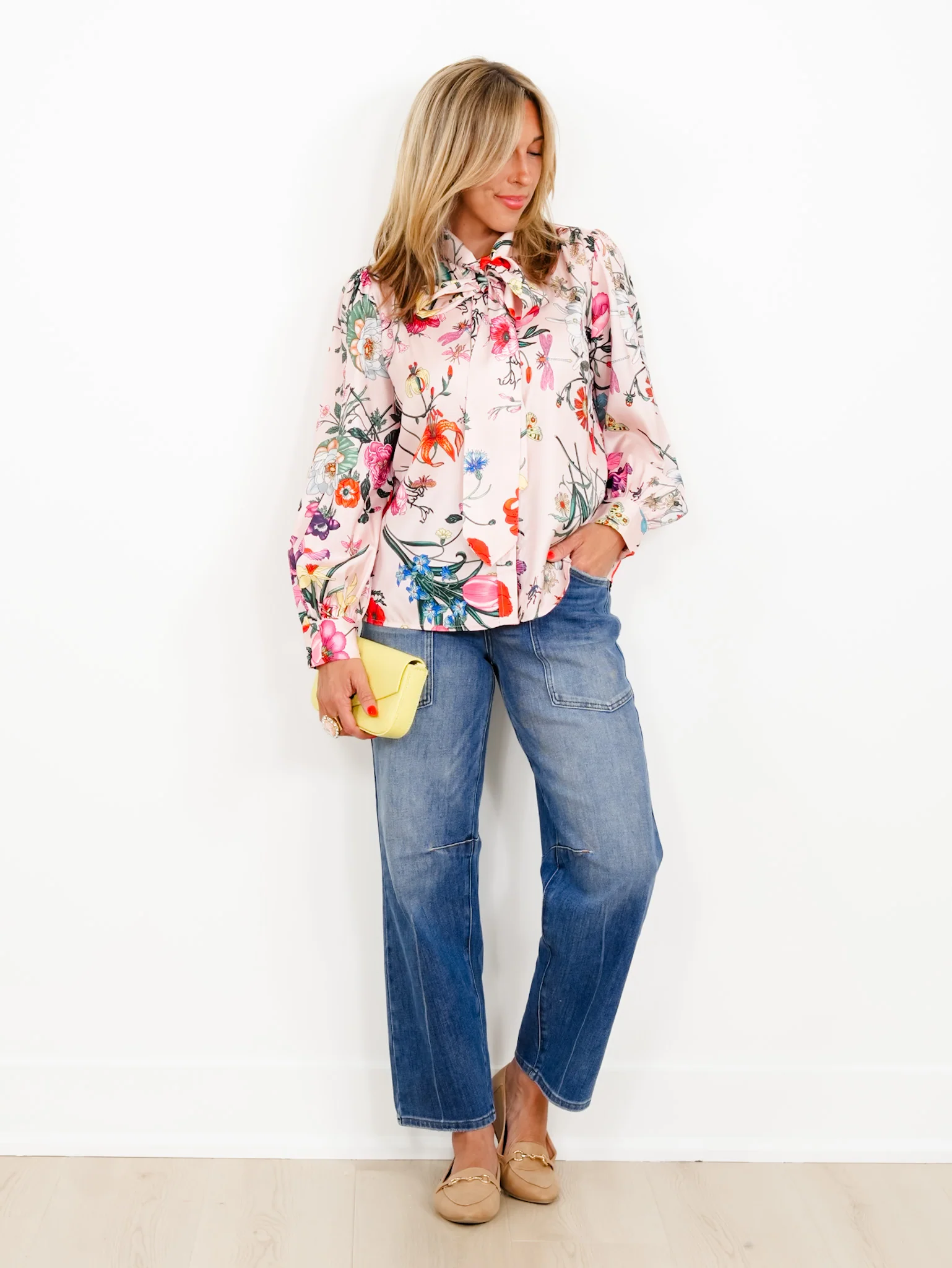 Pink Floral Print Long Sleeve Tie At The Neck Top - Image 6