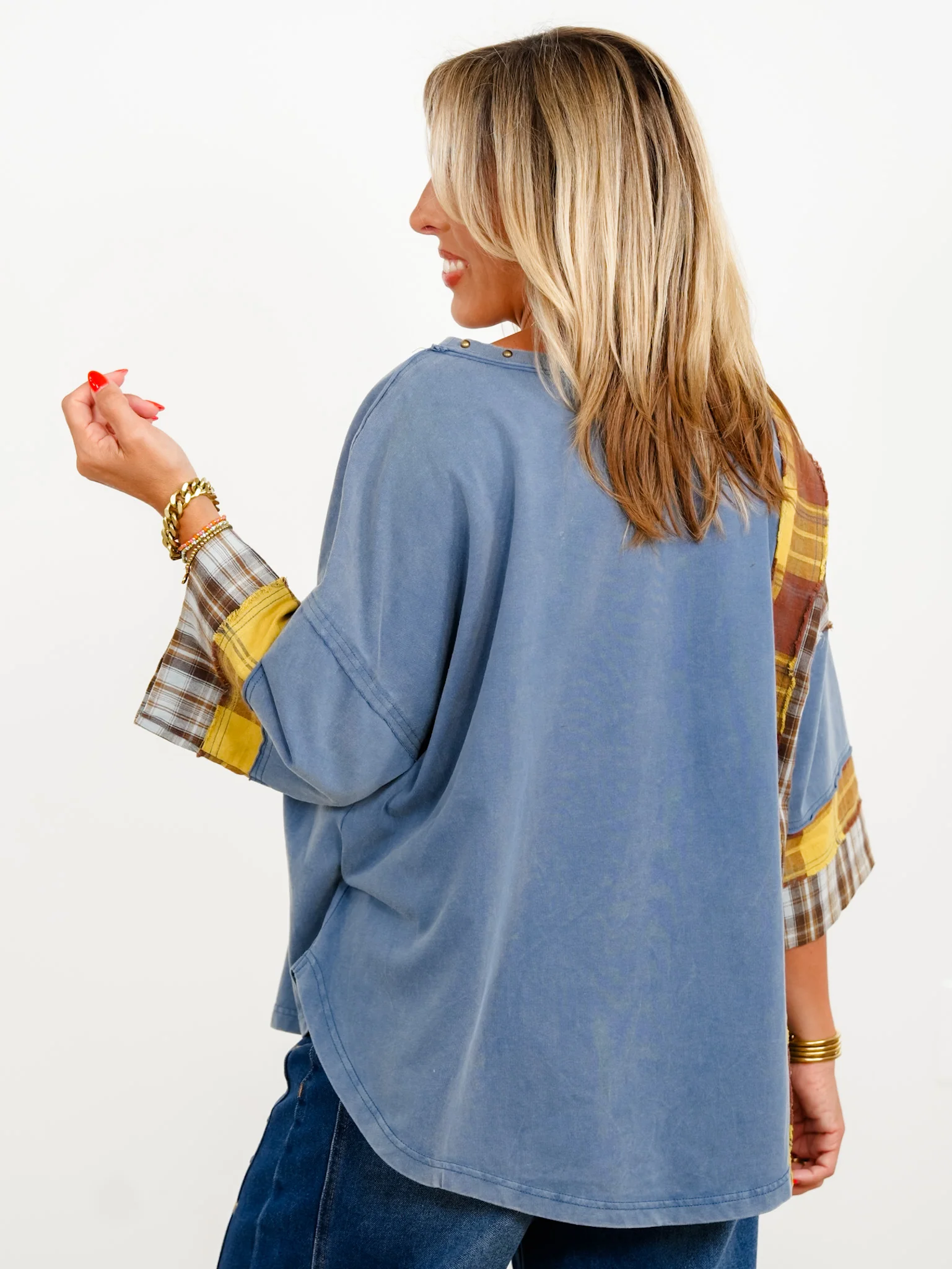 Restock! Plaid Mixed 3/4 Sleeve Top with Star Patch - Image 4
