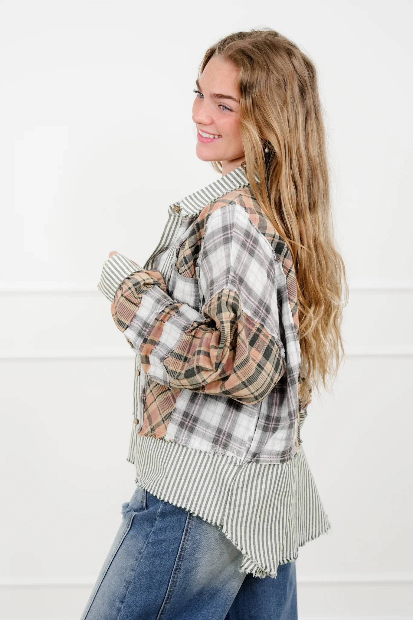 Plaid Pattern Long Sleeve Button Up Top - Image 2