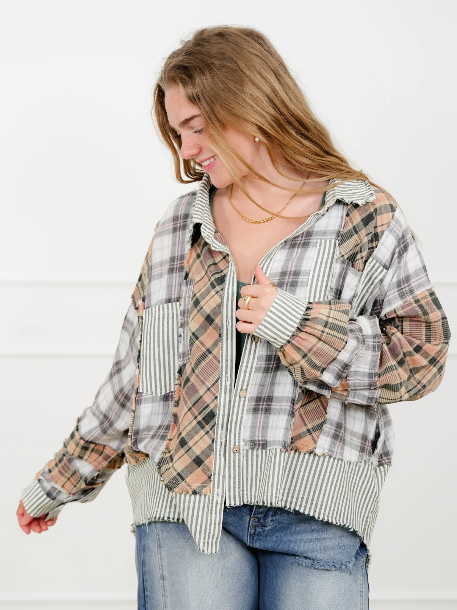 Plaid Pattern Long Sleeve Button Up Top - Image 4