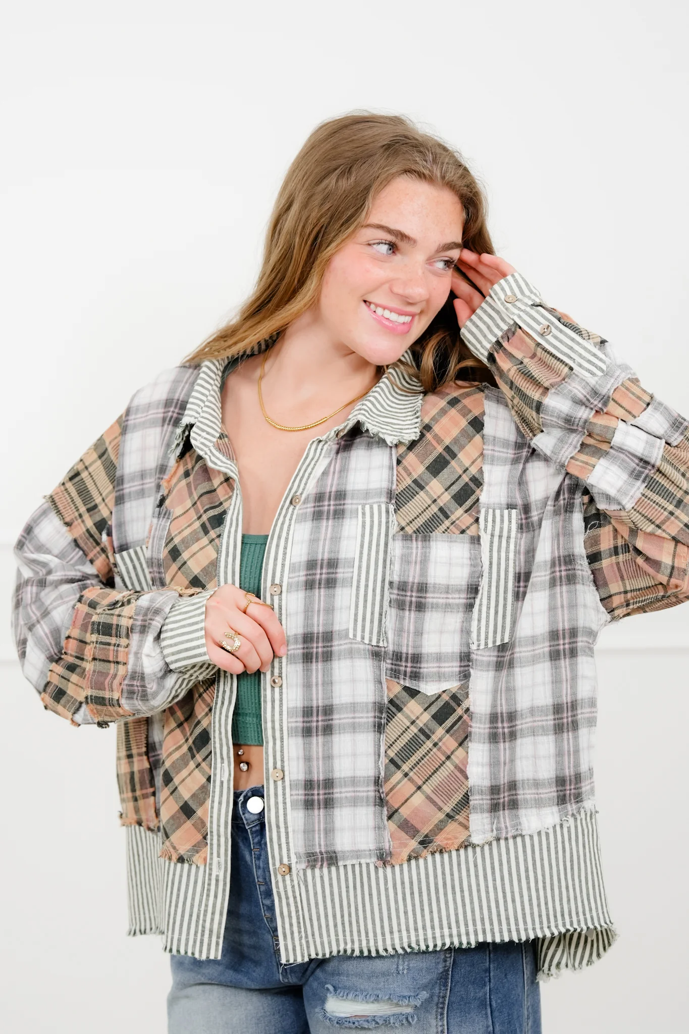 Plaid Pattern Long Sleeve Button Up Top - Image 5