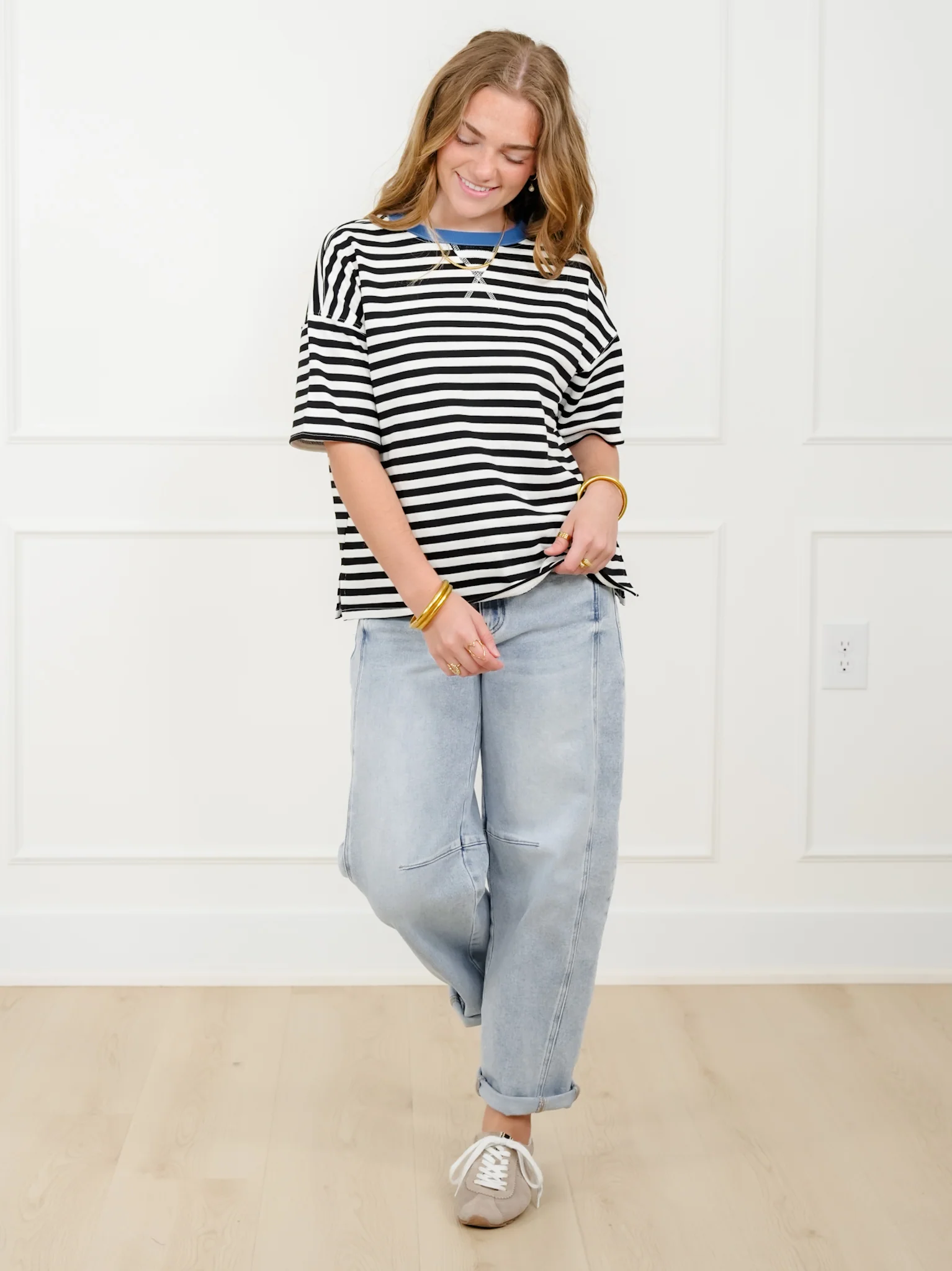 Plus/Reg Black Stripe Short Sleeve Knit Top - Image 2