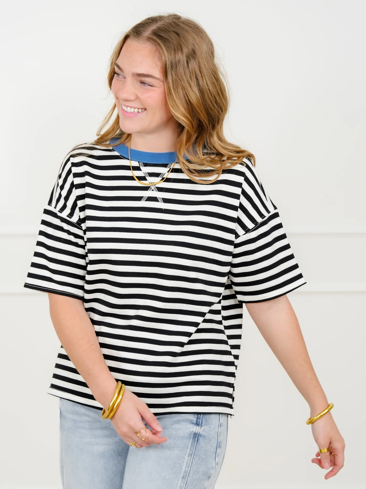 Plus/Reg Black Stripe Short Sleeve Knit Top - Image 3