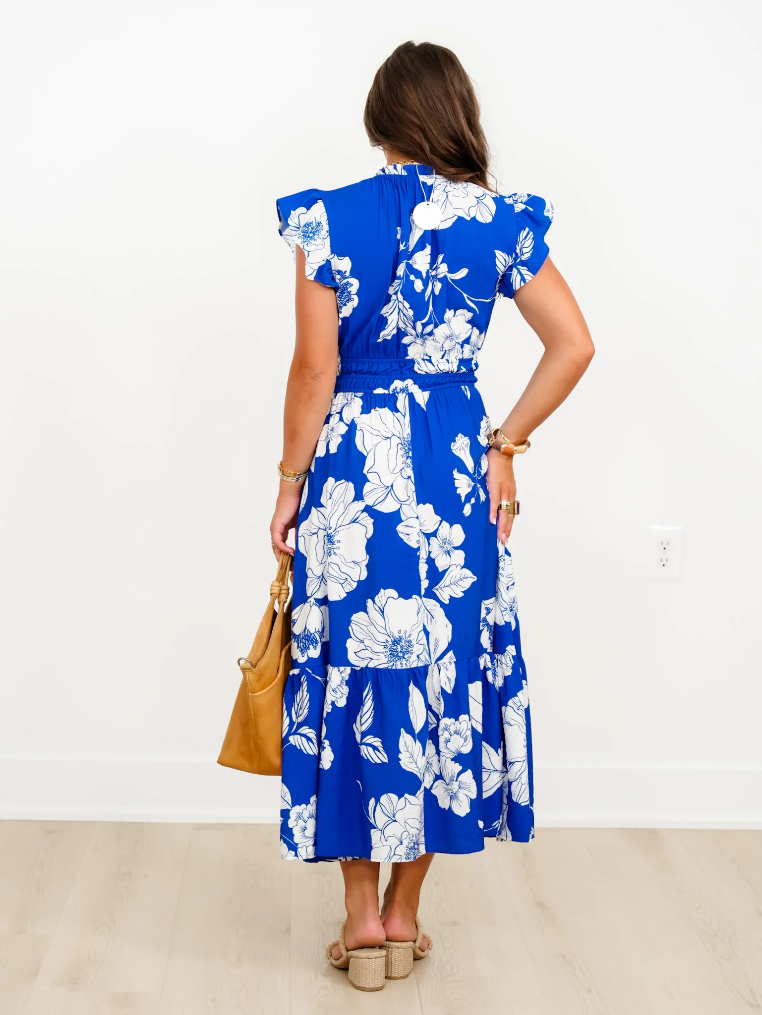 Plus/Reg Blue Floral Print Short Flutter Sleeve Midi Dress - Image 4