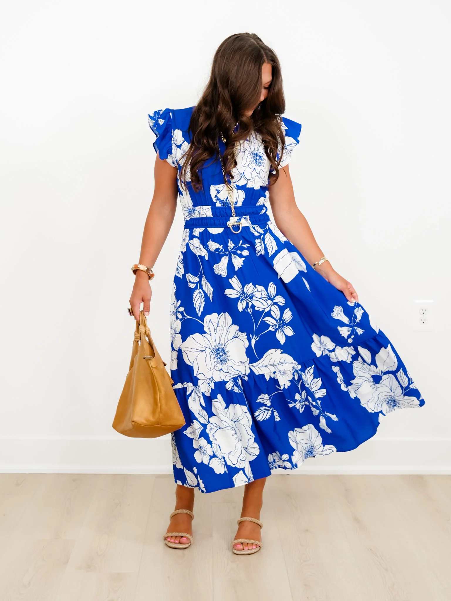 Plus/Reg Blue Floral Print Short Flutter Sleeve Midi Dress - Image 5
