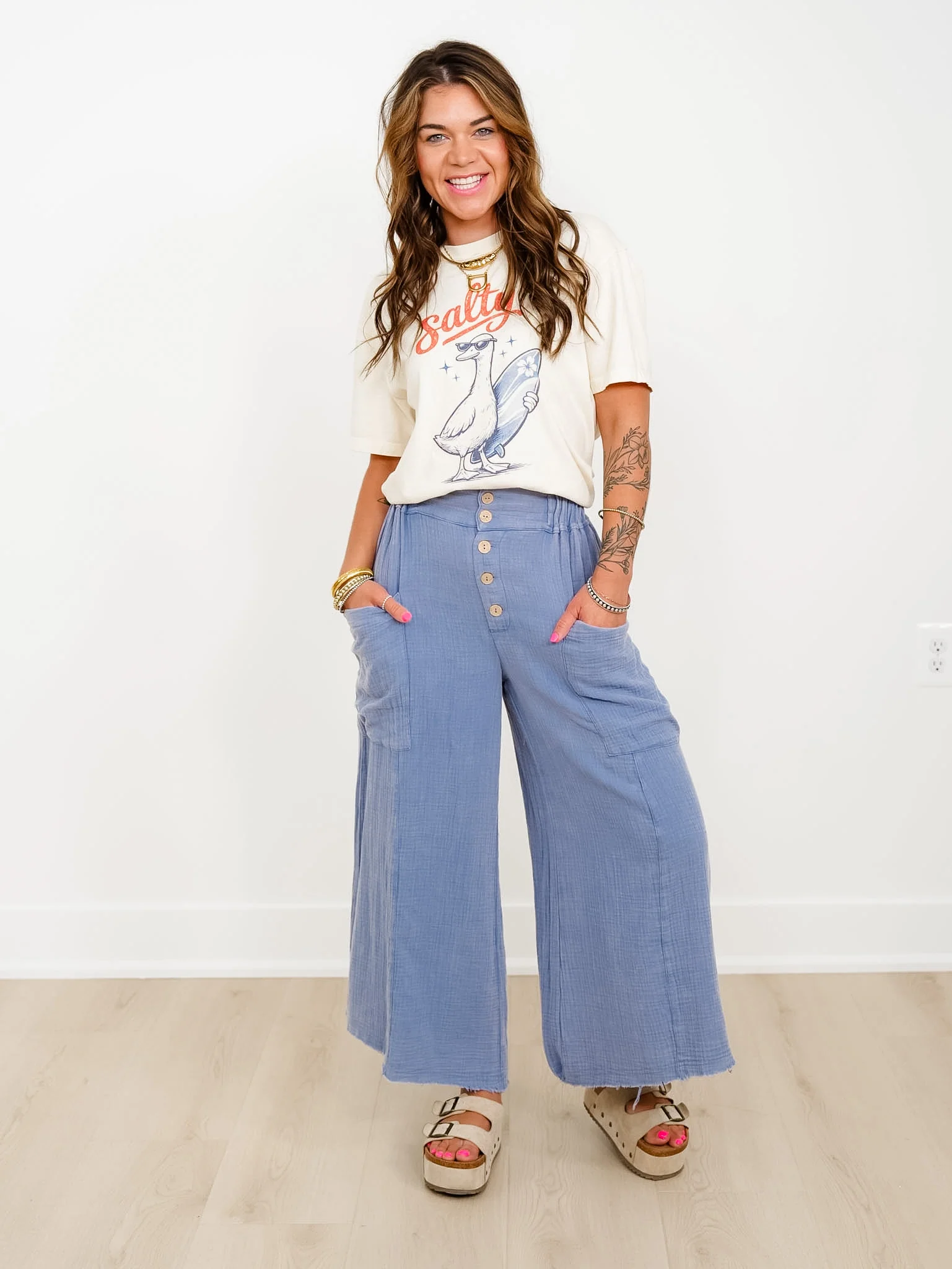 Plus/Reg Blue Gauze Elastic Waist Button Fly Wide Leg Pants - Image 5