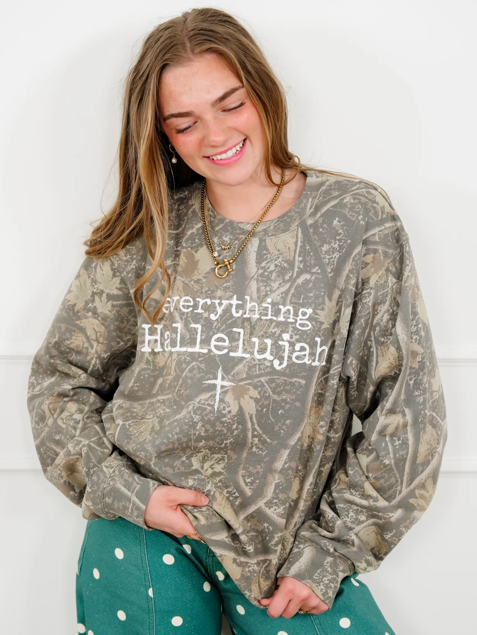 Plus/Reg Camo Long Sleeve "Everything Hallelujah" Graphic Sweatshirt - Image 2