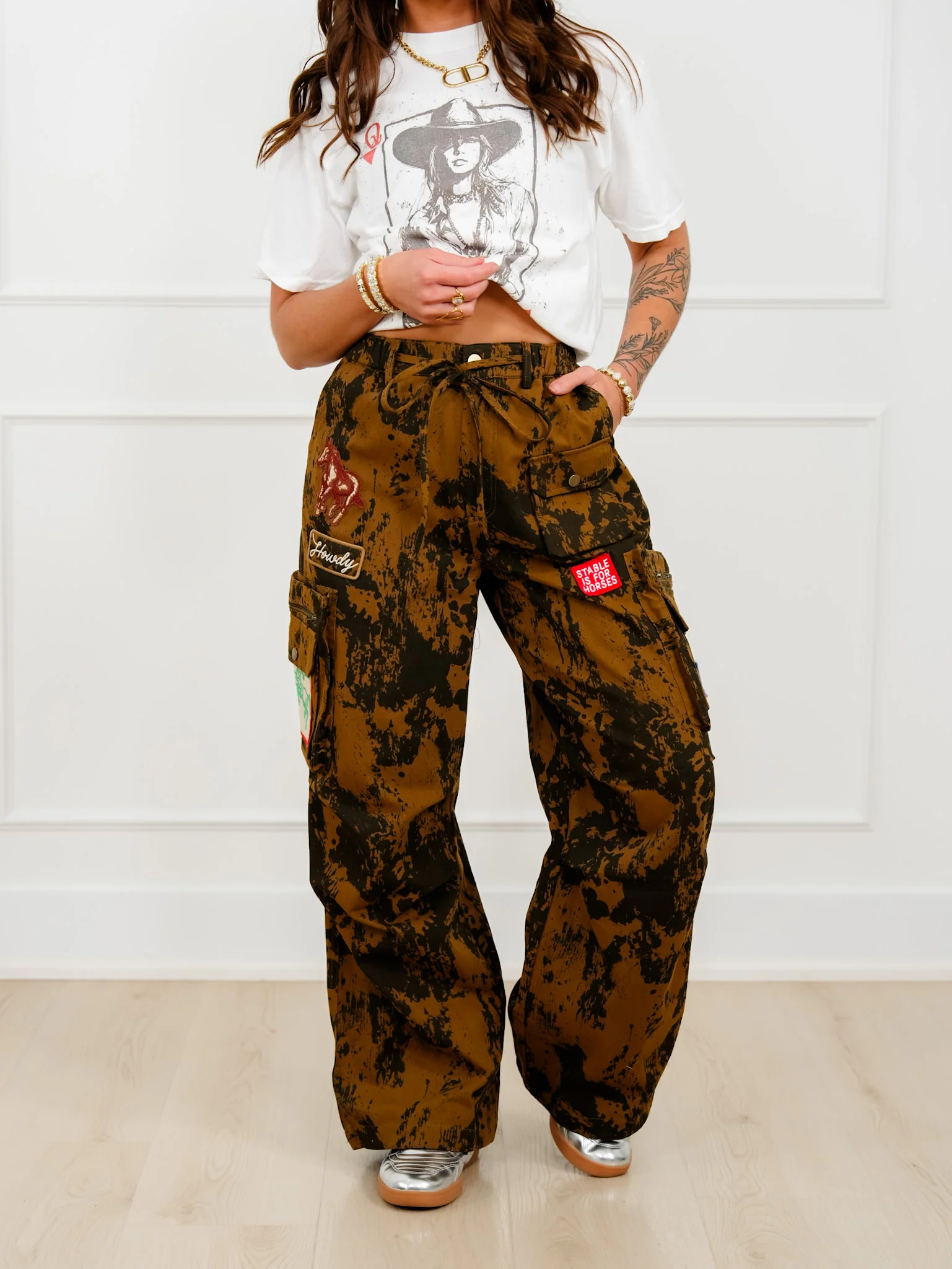Plus/Reg Cow Print Elastic Waist Pants with Western Patches