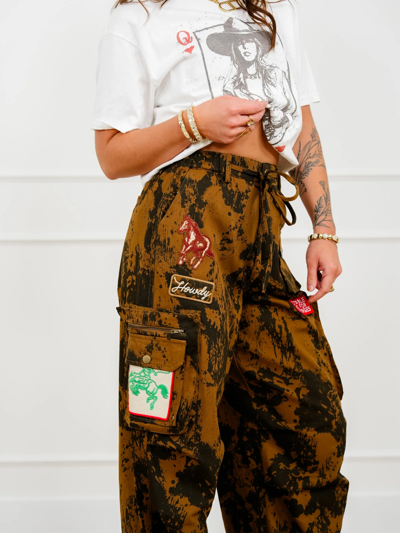 Plus/Reg Cow Print Elastic Waist Pants with Western Patches - Image 3