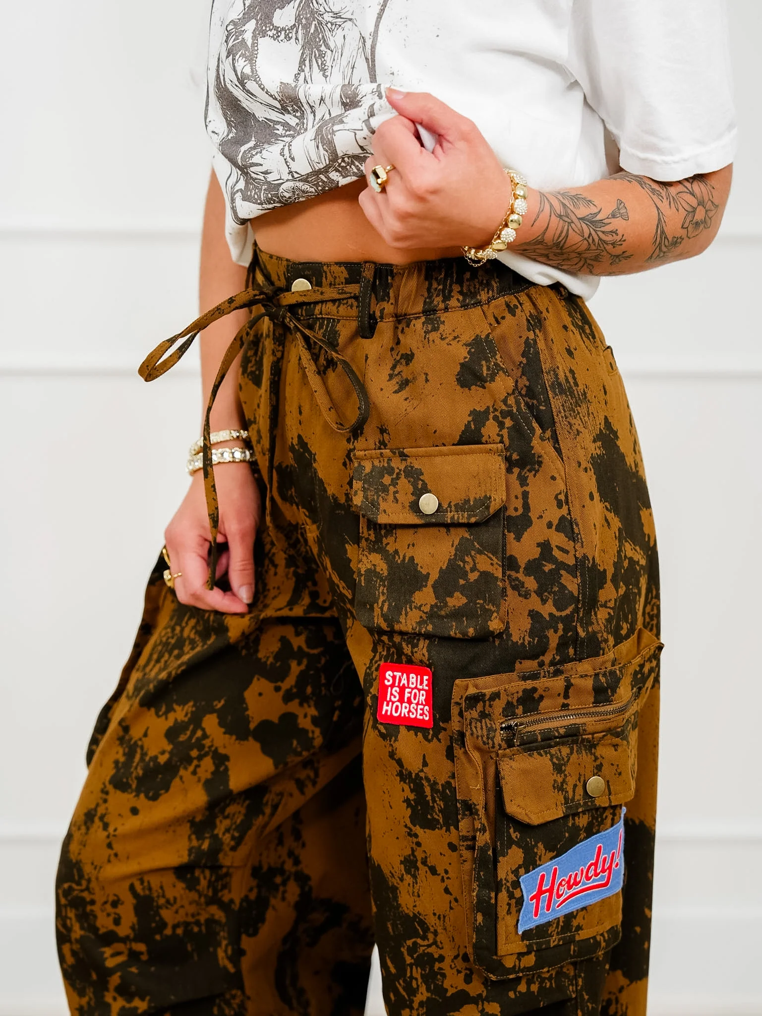 Plus/Reg Cow Print Elastic Waist Pants with Western Patches - Image 4