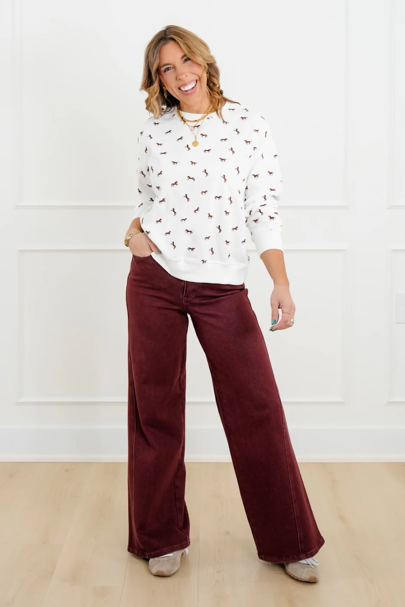 Plus/Reg Embroidered Horse Long Sleeve Pullover Top - Image 2