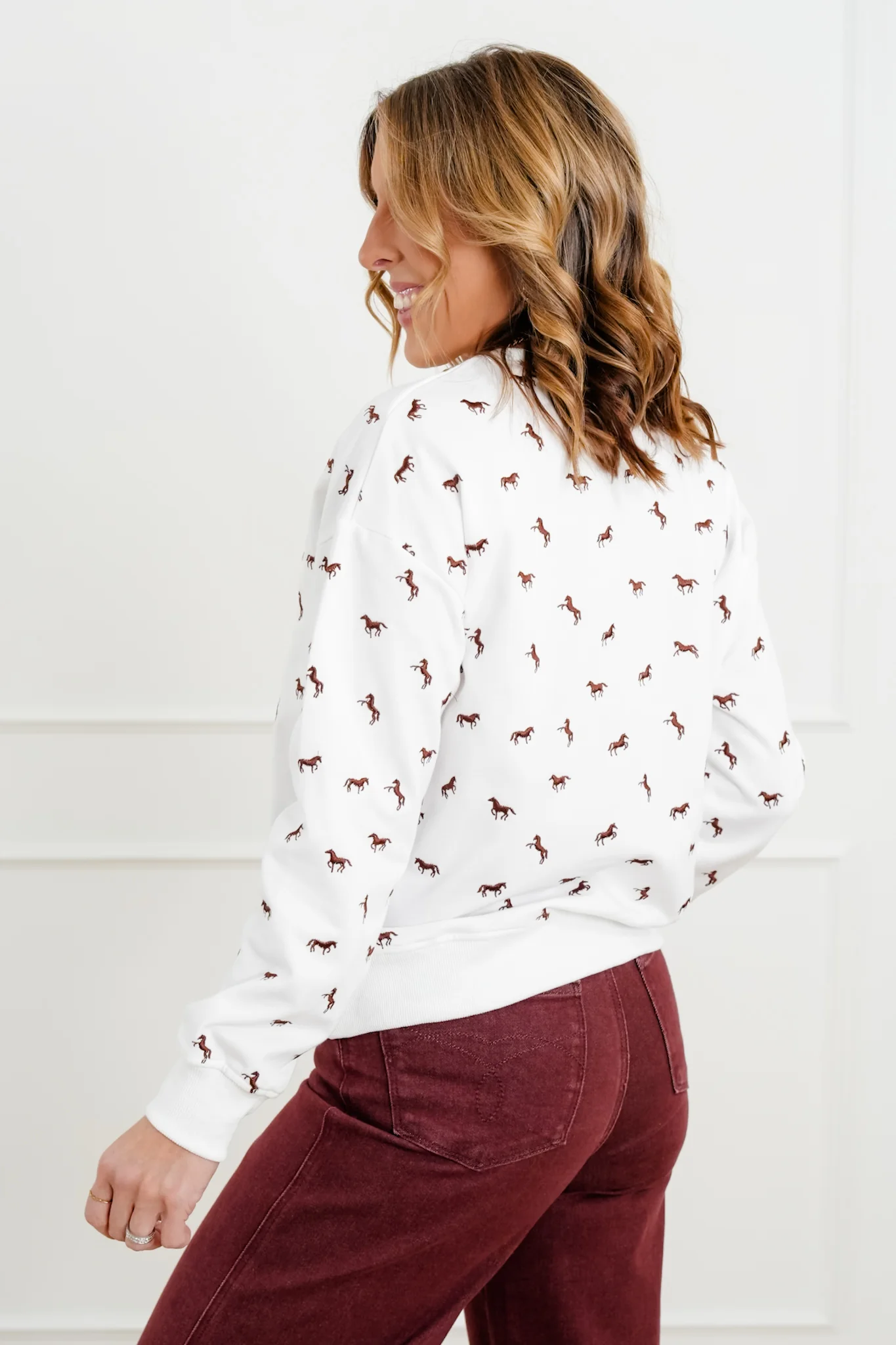 Plus/Reg Embroidered Horse Long Sleeve Pullover Top - Image 3