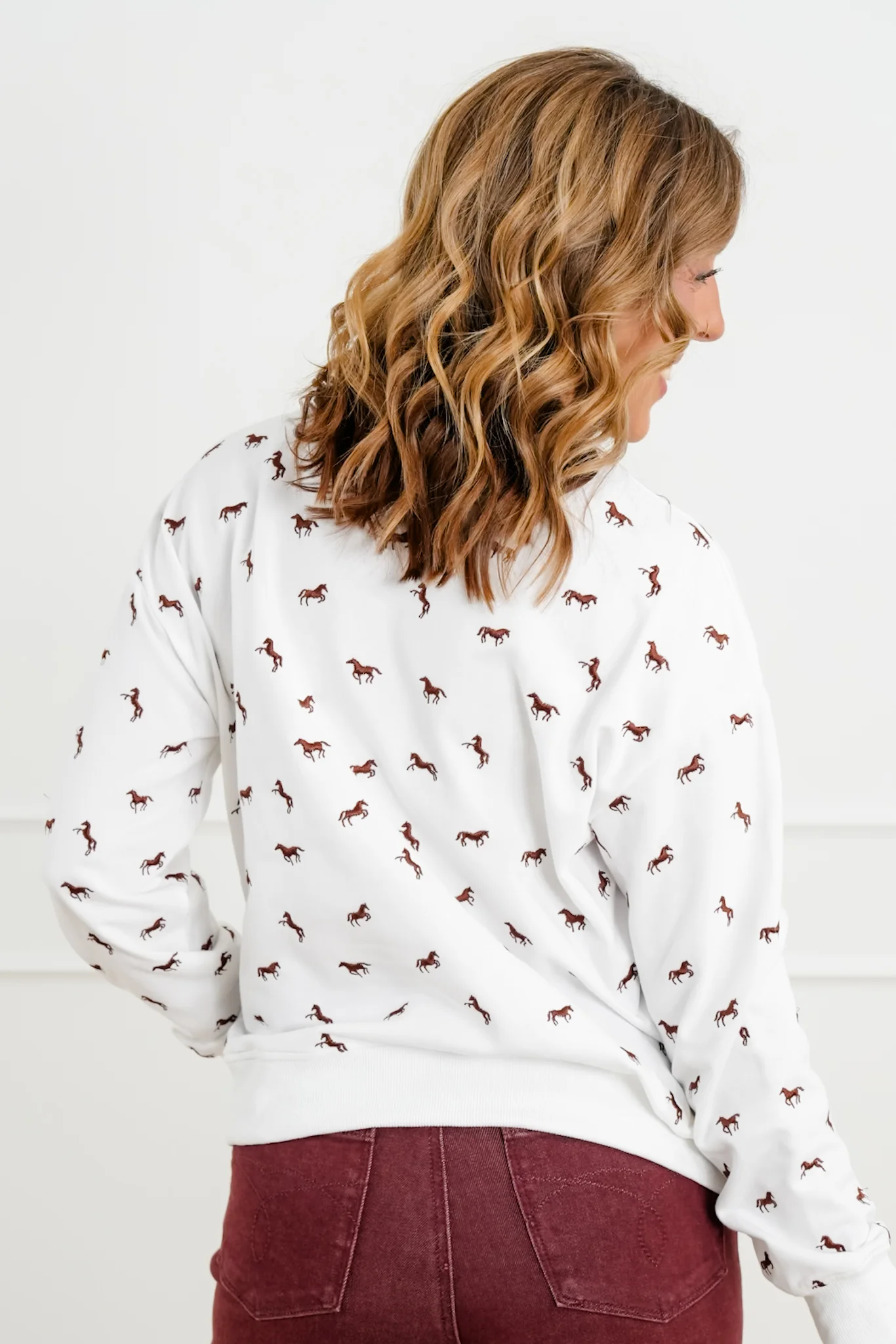 Plus/Reg Embroidered Horse Long Sleeve Pullover Top - Image 4
