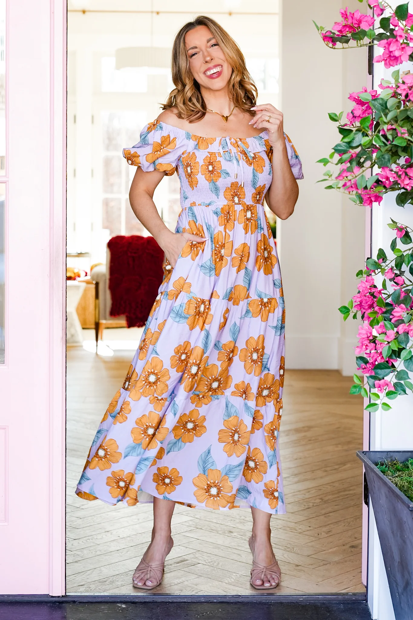 Plus/Reg Floral Print Short Puff Sleeve Midi Dress