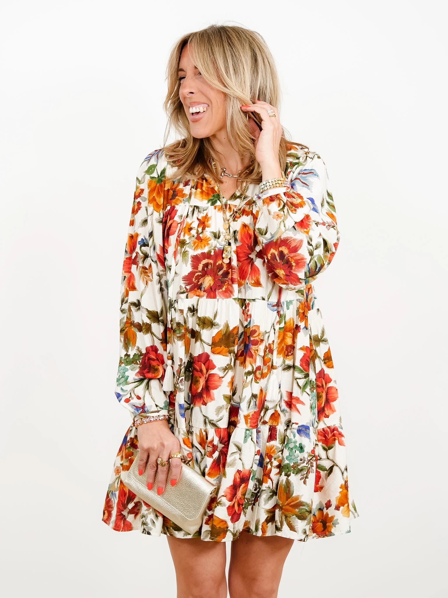 Plus/Reg Floral Printed Long Sleeve Mini Dress With Pockets - Image 2