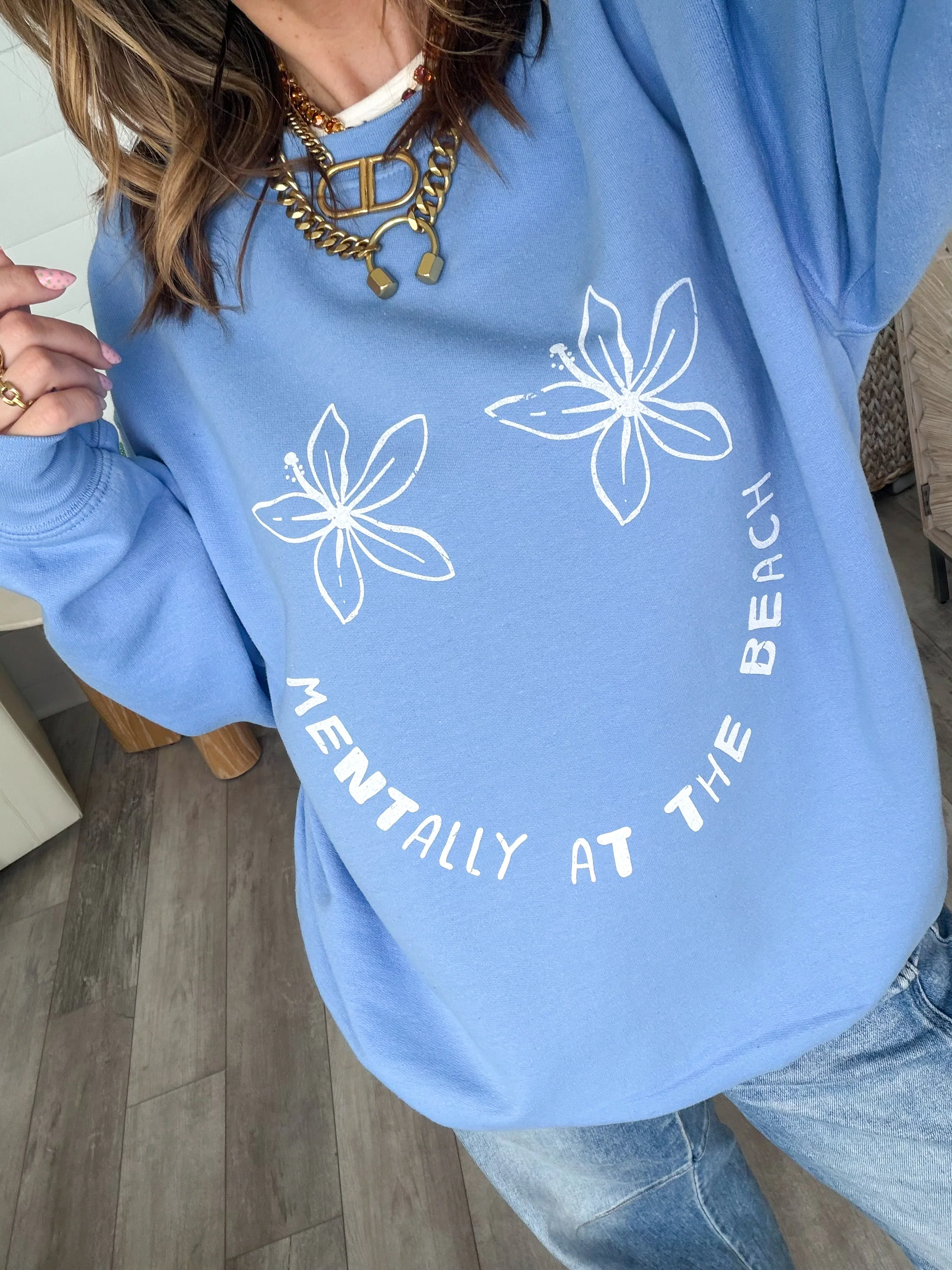 Plus/Reg Long Sleeve "Mentally At the Beach" Graphic Sweatshirt