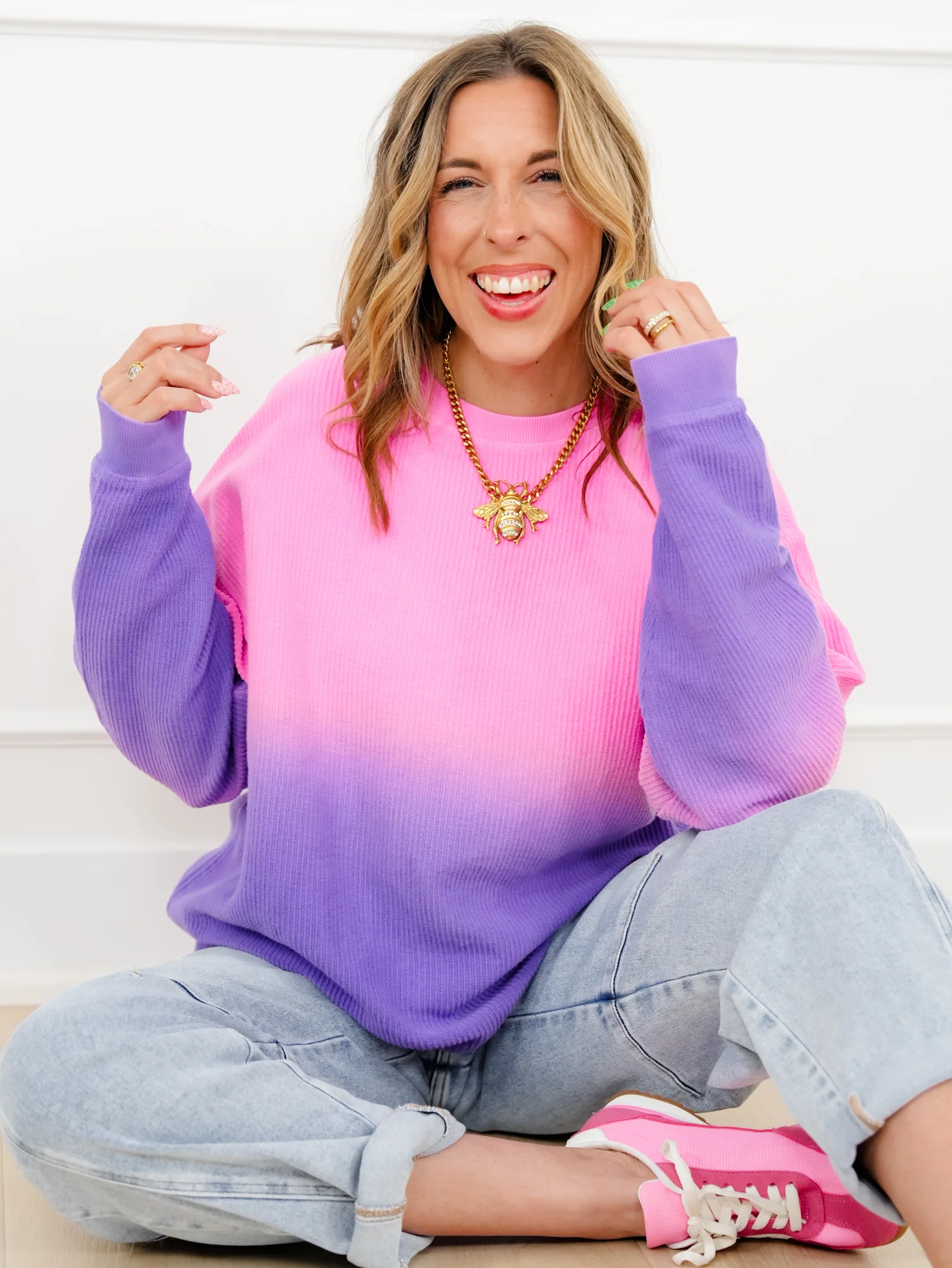 Plus/Reg Dip Dyed Corded Long Sleeve Pullover Top