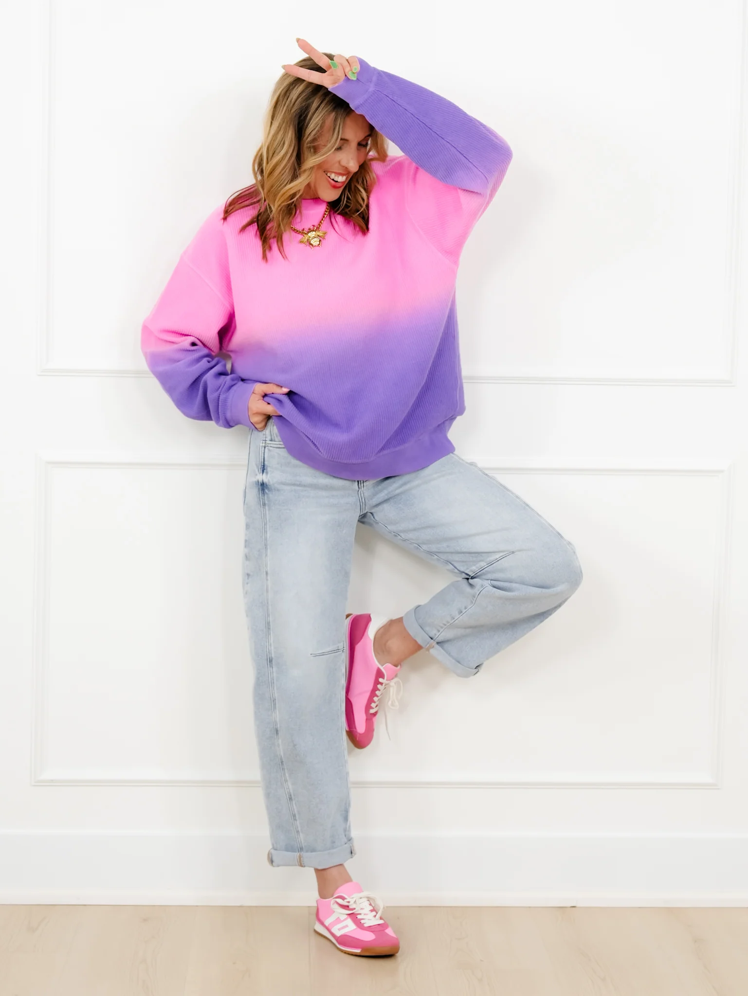 Plus/Reg Dip Dyed Corded Long Sleeve Pullover Top - Image 2
