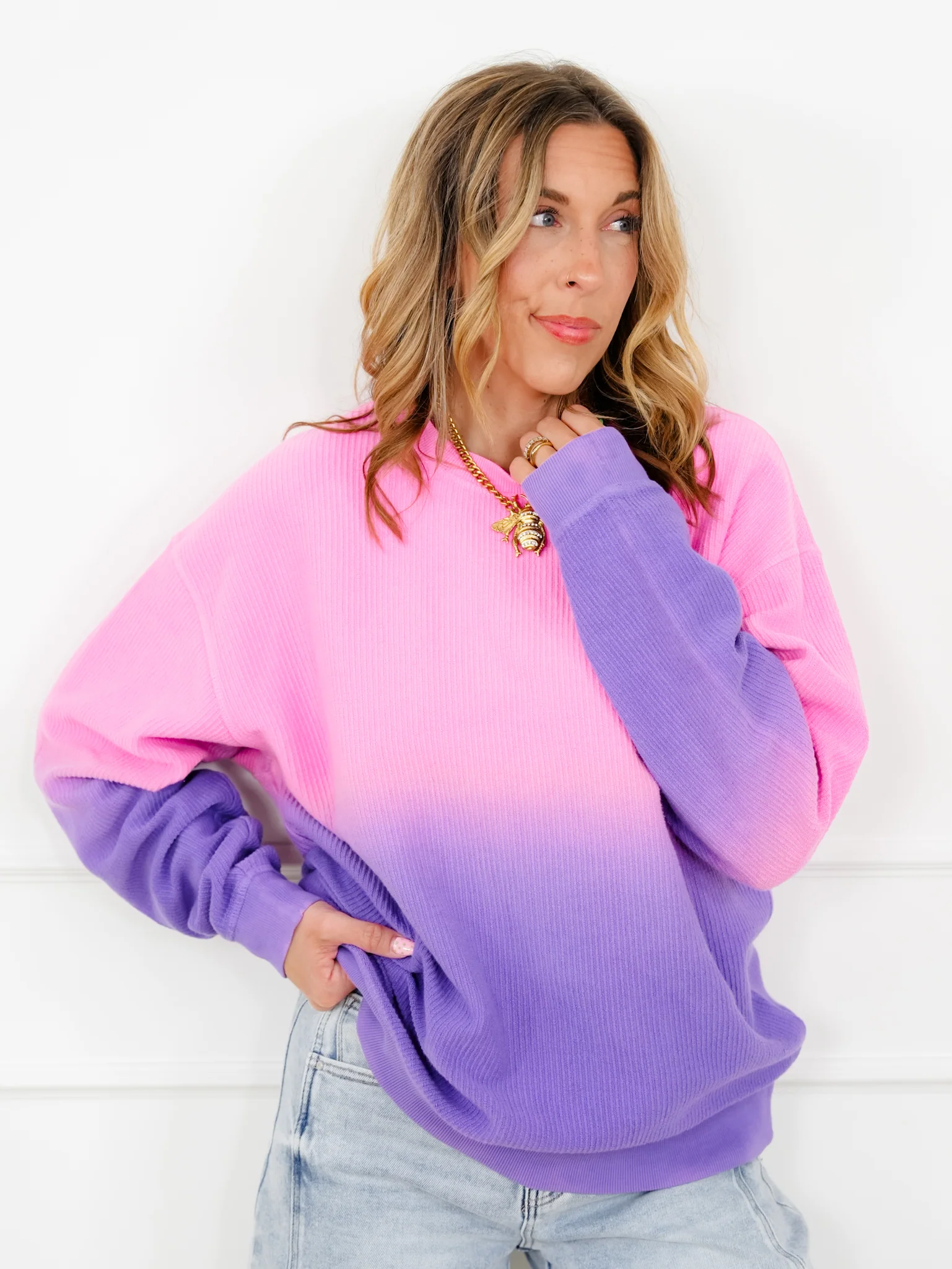 Plus/Reg Dip Dyed Corded Long Sleeve Pullover Top - Image 5