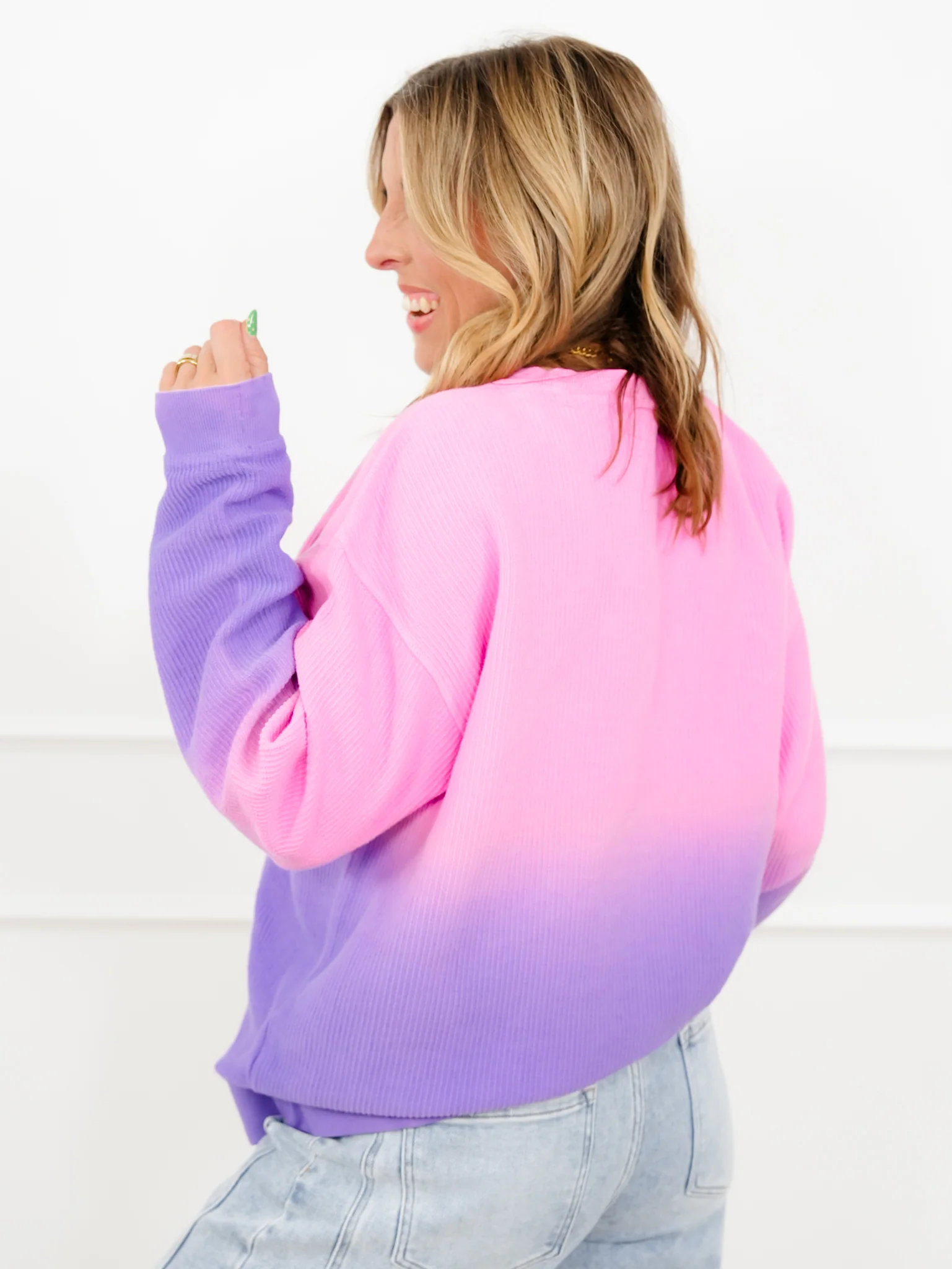 Plus/Reg Dip Dyed Corded Long Sleeve Pullover Top - Image 6