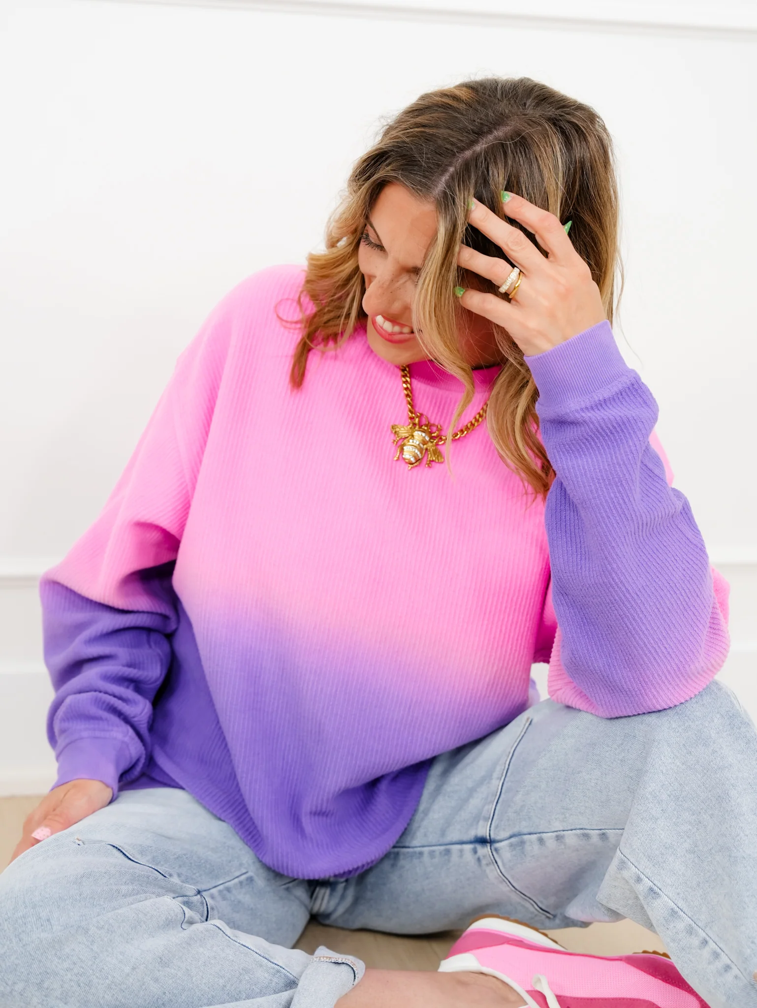 Plus/Reg Dip Dyed Corded Long Sleeve Pullover Top - Image 7