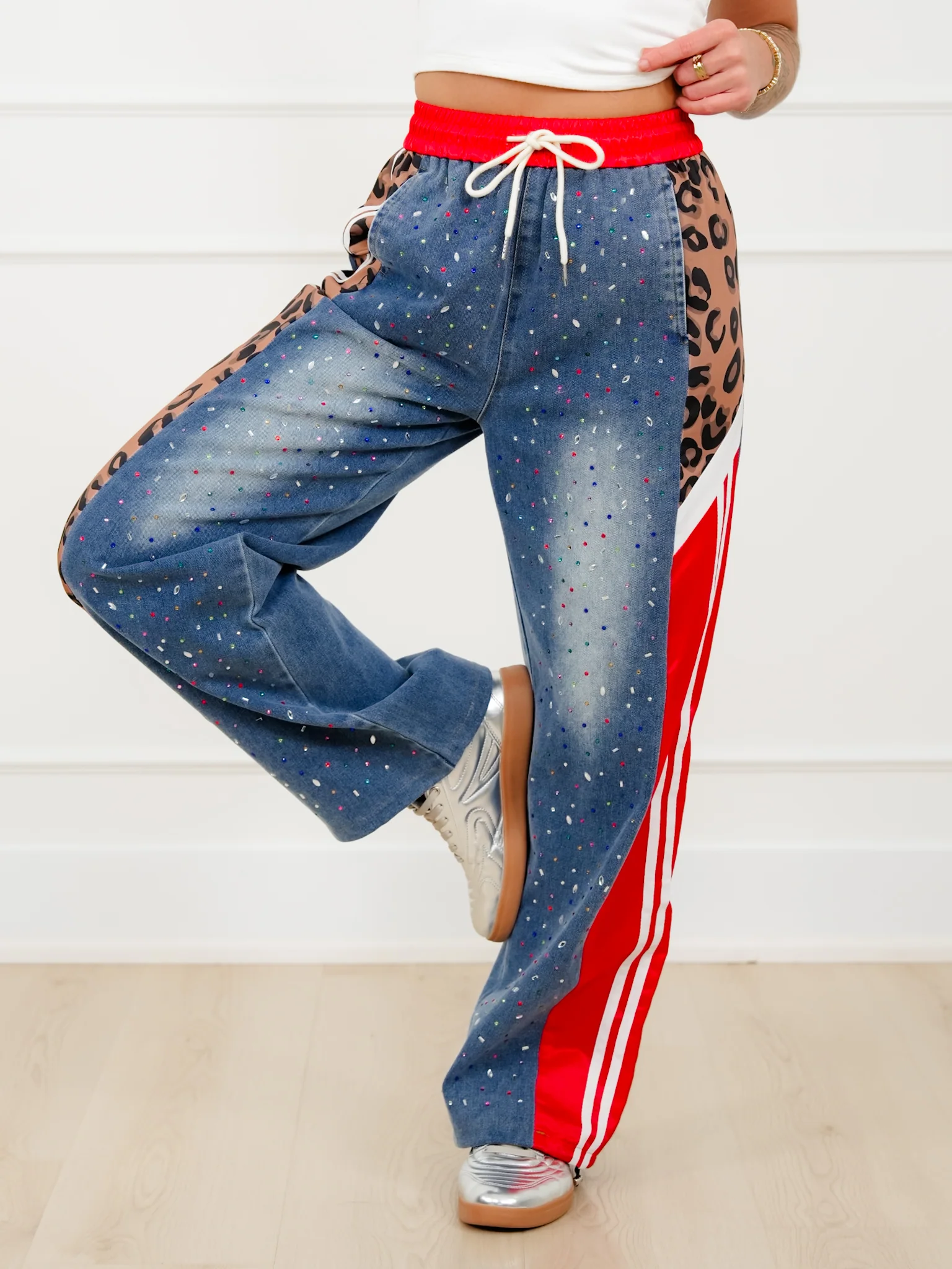 Plus/Reg Rhinestone Elastic Waist Denim Track Pants - Image 6