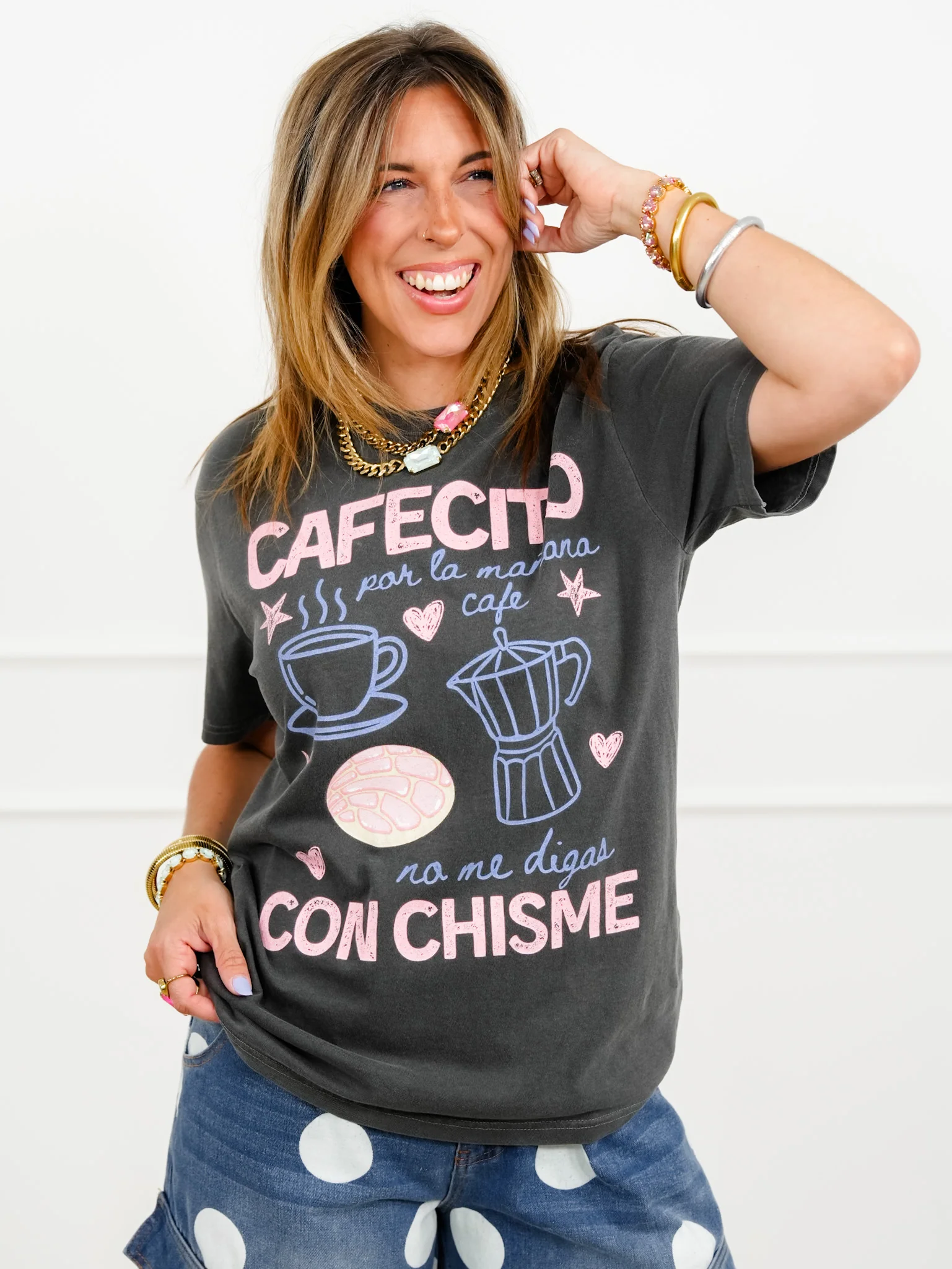 Plus/Reg Short Sleeve "Cafecito Con Chisme" Coffee Graphic Tee