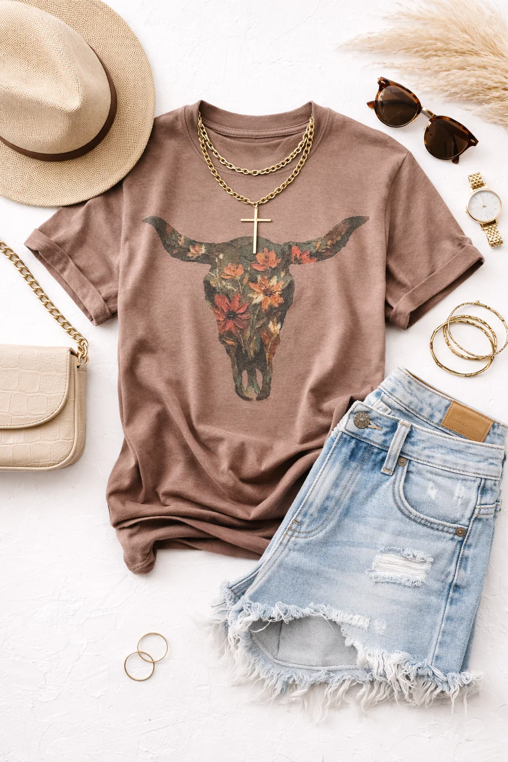 Plus/Reg Short Sleeve "Floral Longhorn" Graphic Tee