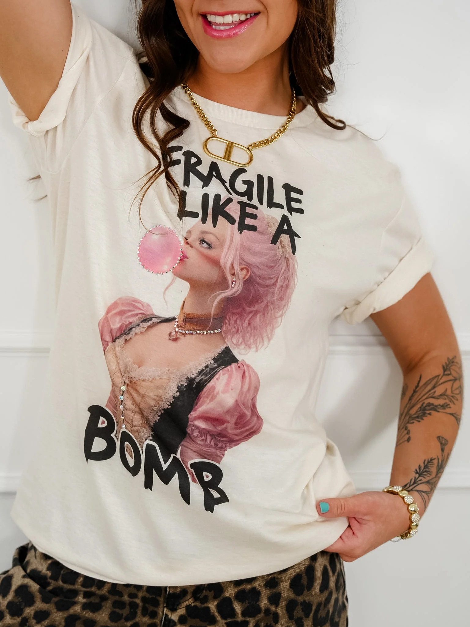 Plus/Reg Short Sleeve Fragile Like a Bomb Graphic Tee with Rhinestones
