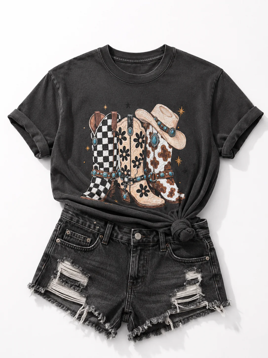 Plus/Reg Short Sleeve Multi Pattern Cowboy Boot Western Graphic Tee