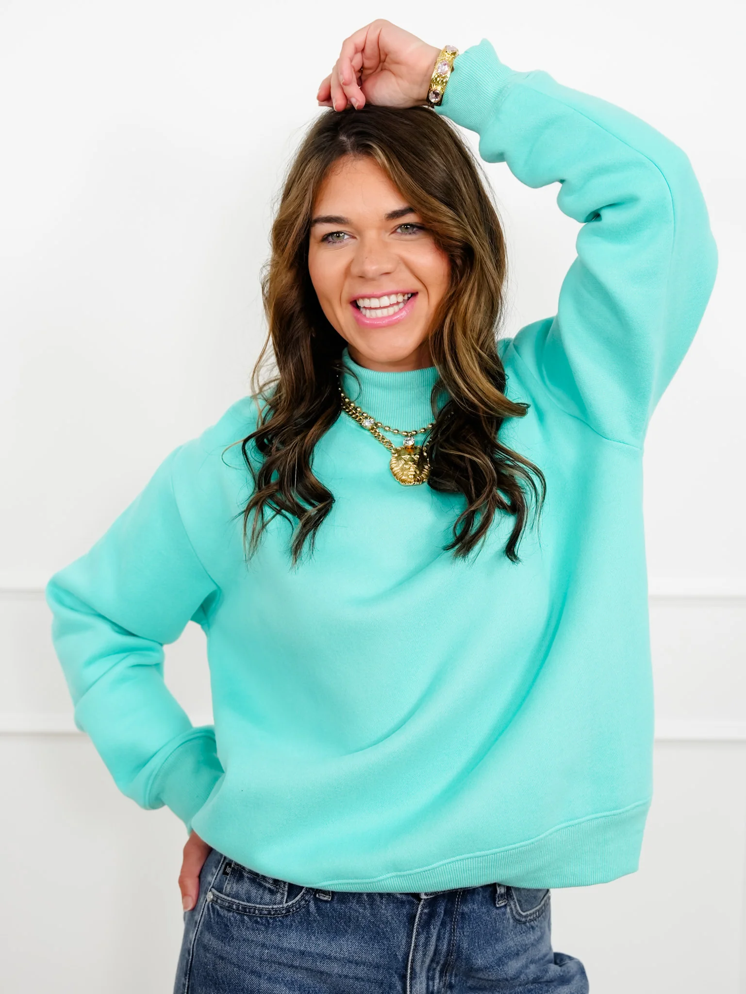 Plus/Reg Solid Long Sleeve Mock Neck Pullover Sweatshirt