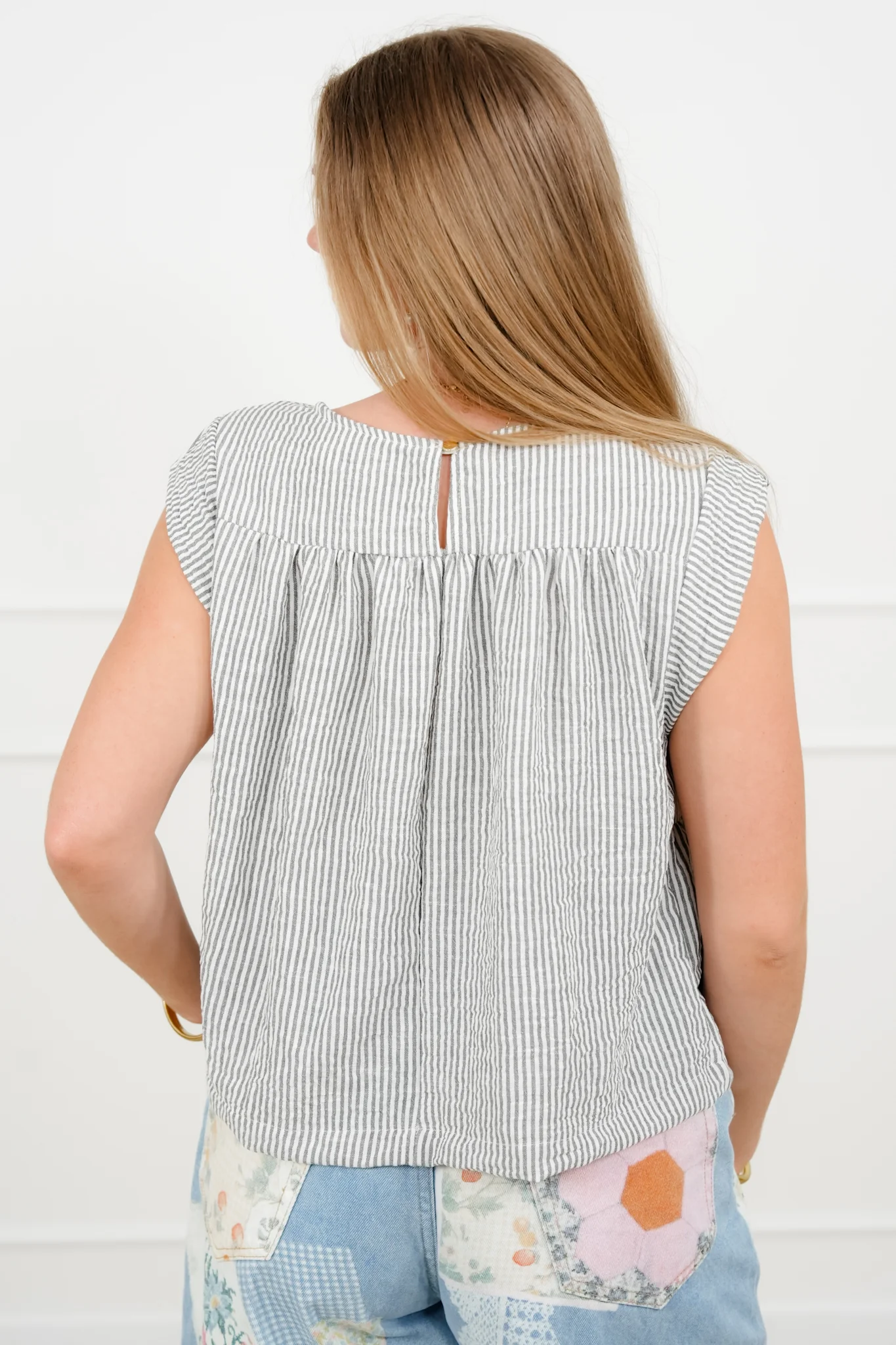 Plus/Reg Stripe Cap Sleeve Round Neck Top - Image 6