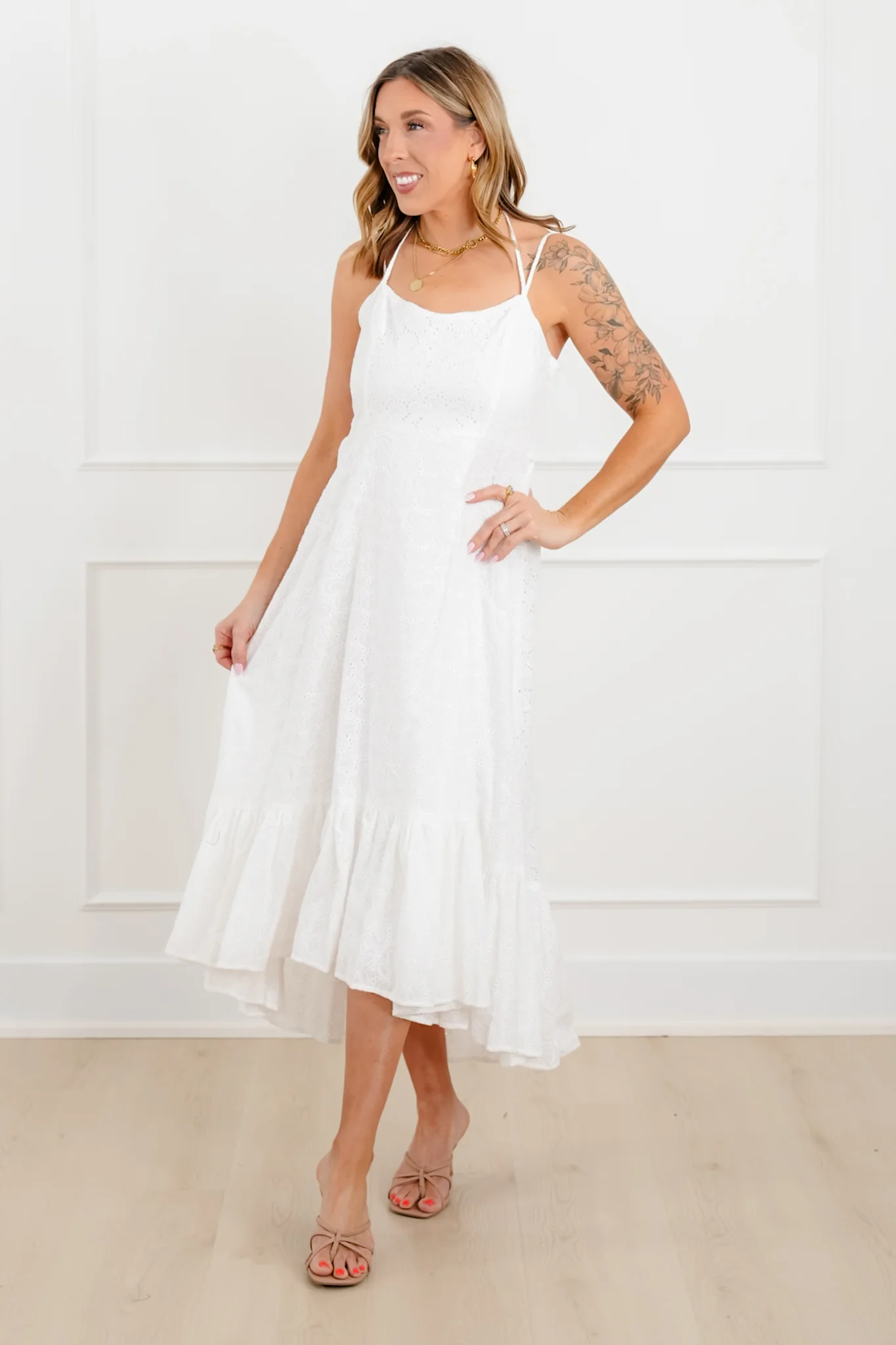 Plus/Reg White Embroidered Spaghetti Strap Midi Dress - Image 5