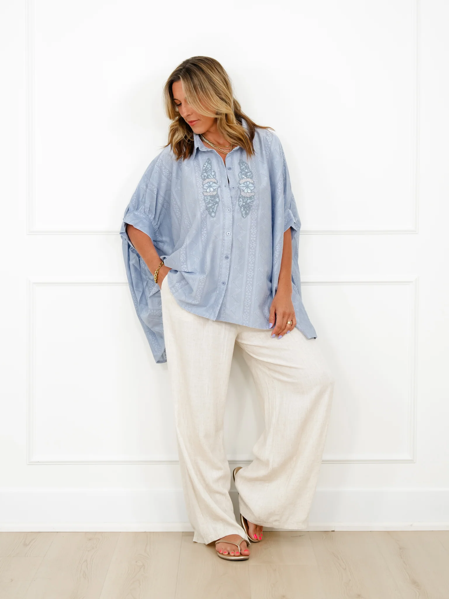 POL Blue Half Sleeve Button Down Top with Lace Trim - Image 2