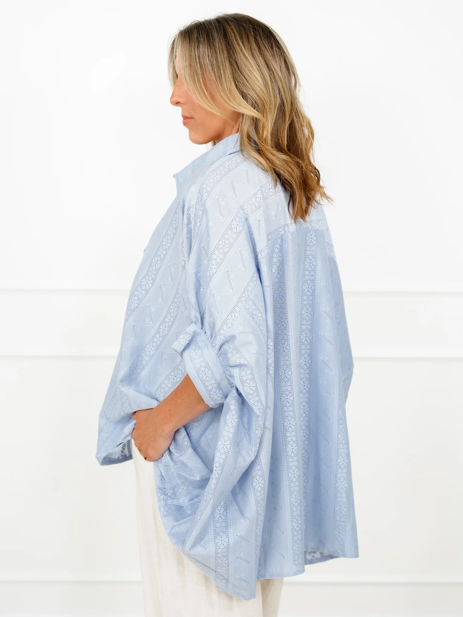 POL Blue Half Sleeve Button Down Top with Lace Trim - Image 4