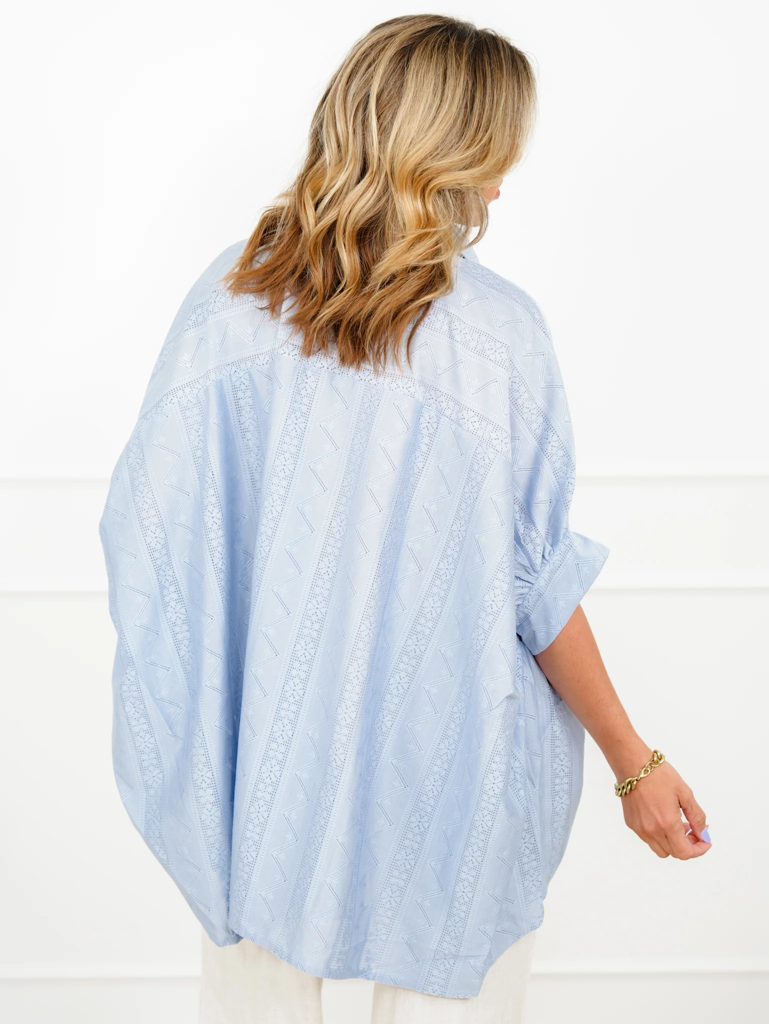 POL Blue Half Sleeve Button Down Top with Lace Trim - Image 5