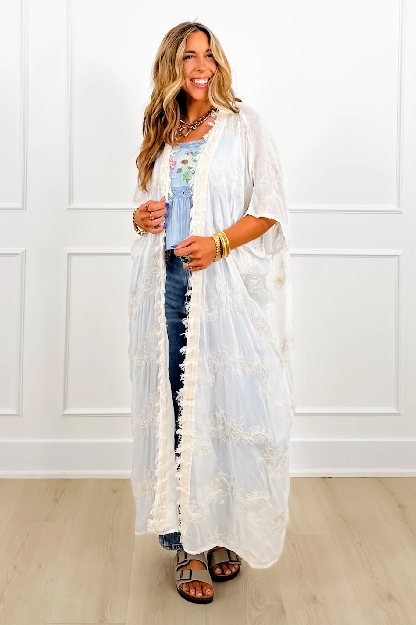 POL Embroidered Short Sleeve Long Kimono - Image 4