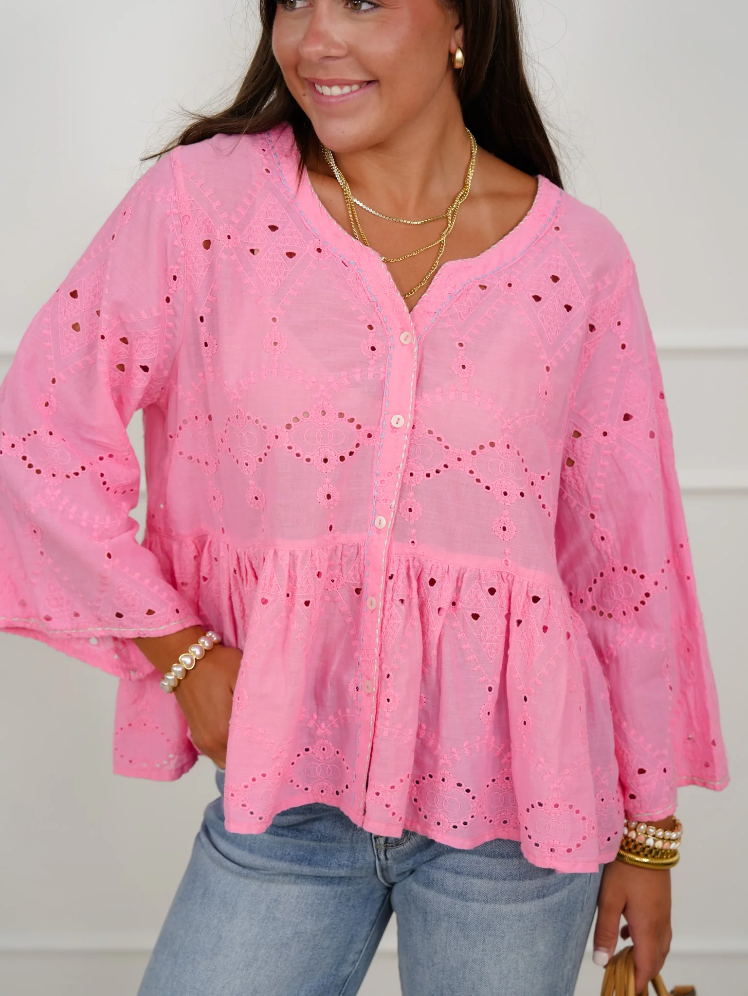 POL Eyelet Embroidered 3/4 Sleeve Button Down Top