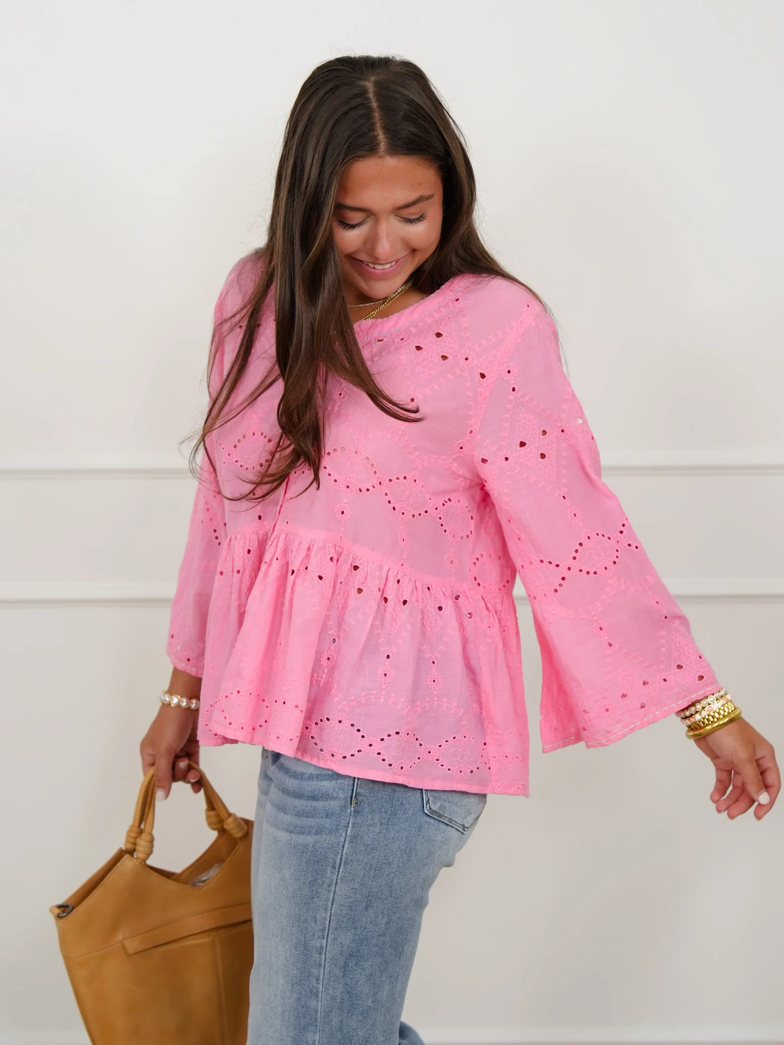 POL Eyelet Embroidered 3/4 Sleeve Button Down Top - Image 4