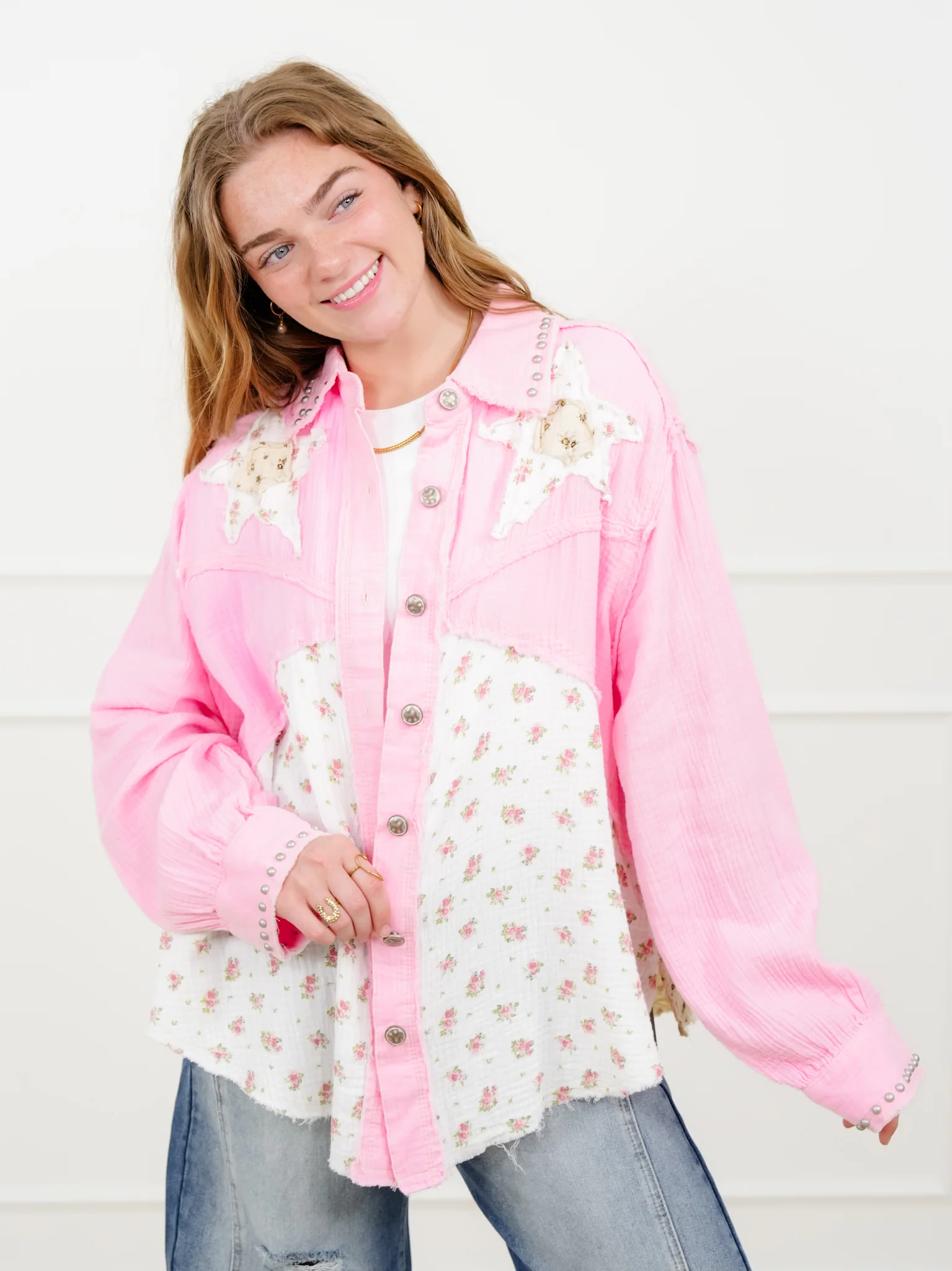 POL Floral Pattern Long Sleeve Button Up Top With Star Patch - Image 3