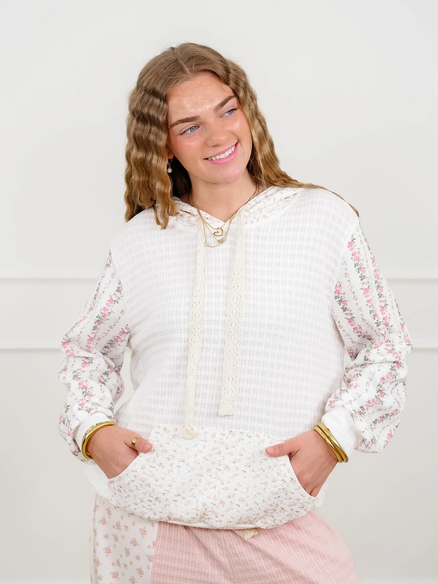 POL Knit Long Sleeve Hooded Top with Floral Detail - Image 2