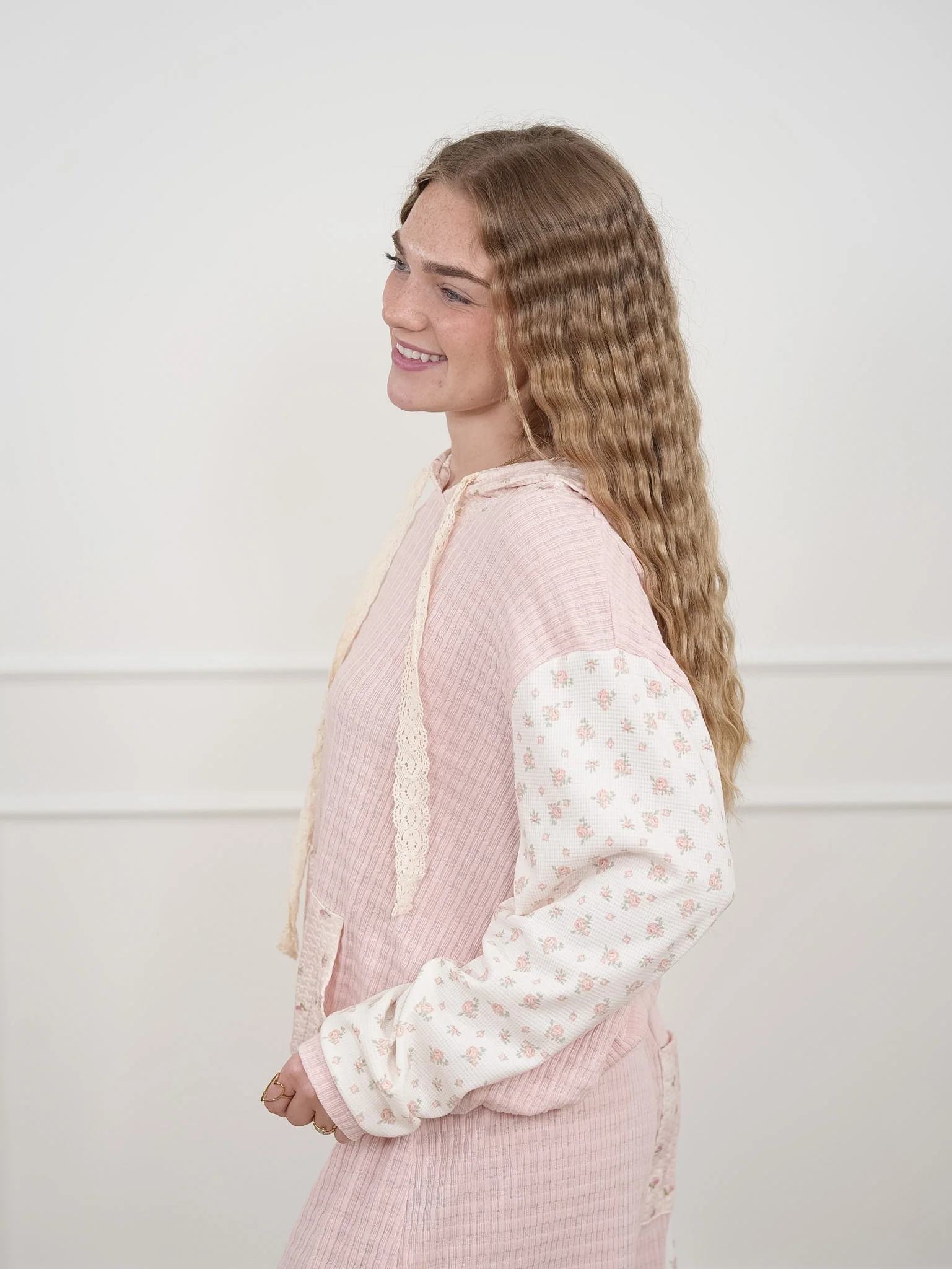 POL Knit Long Sleeve Hooded Top with Floral Detail - Image 3