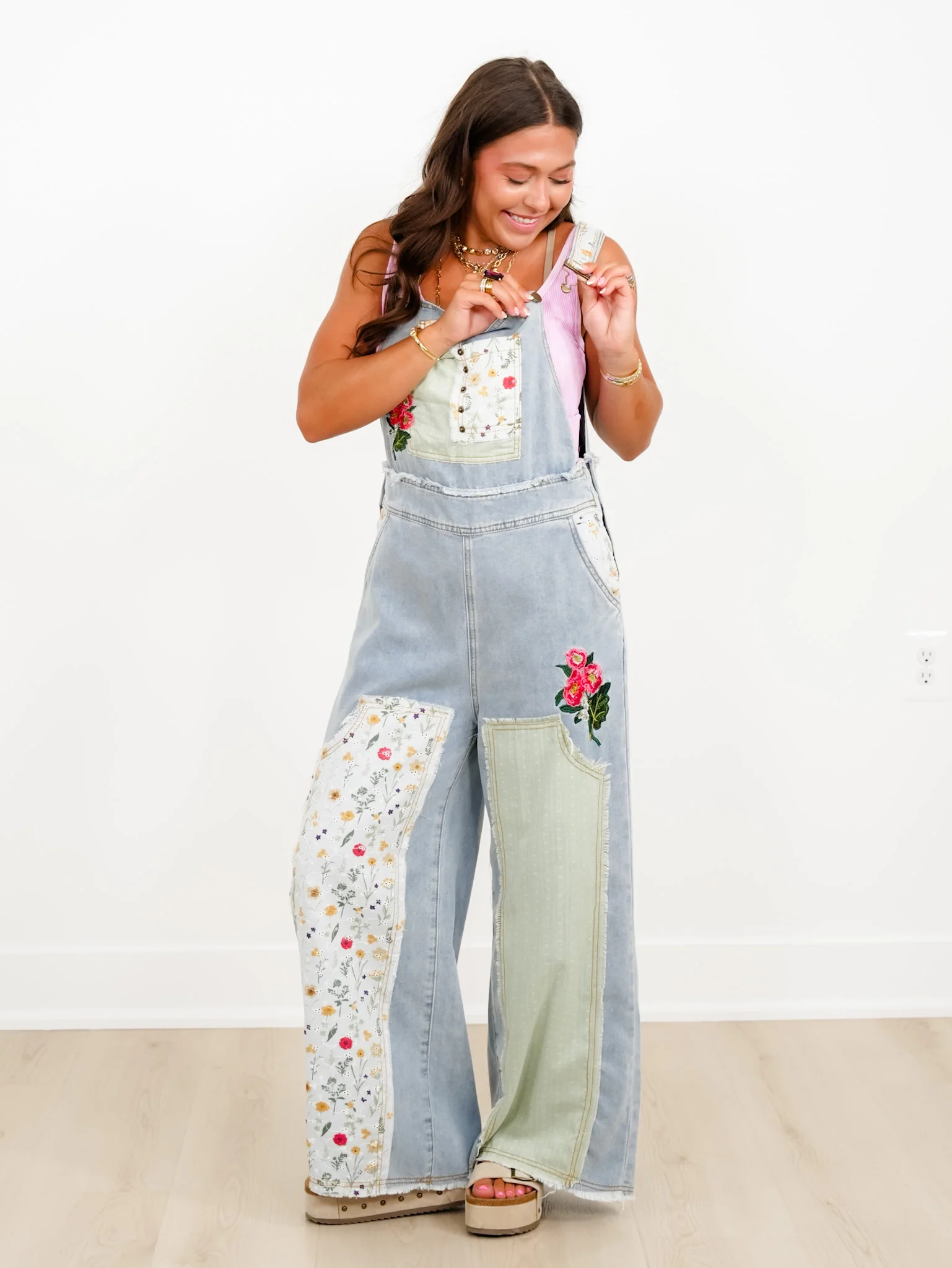 POL Light Wash Overalls with Patchwork Detail - Image 6