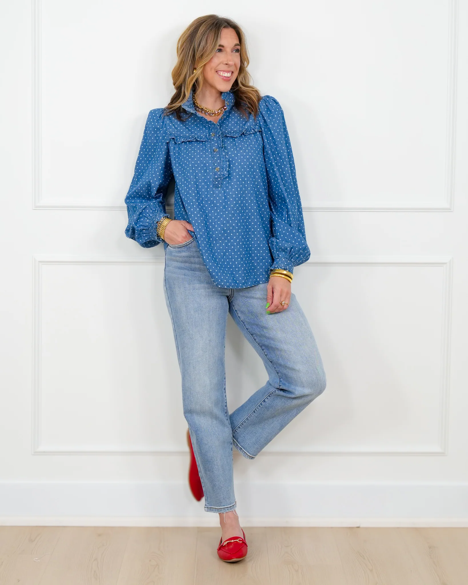 Polka Dot Dark Wash Long Sleeve Top - Image 2